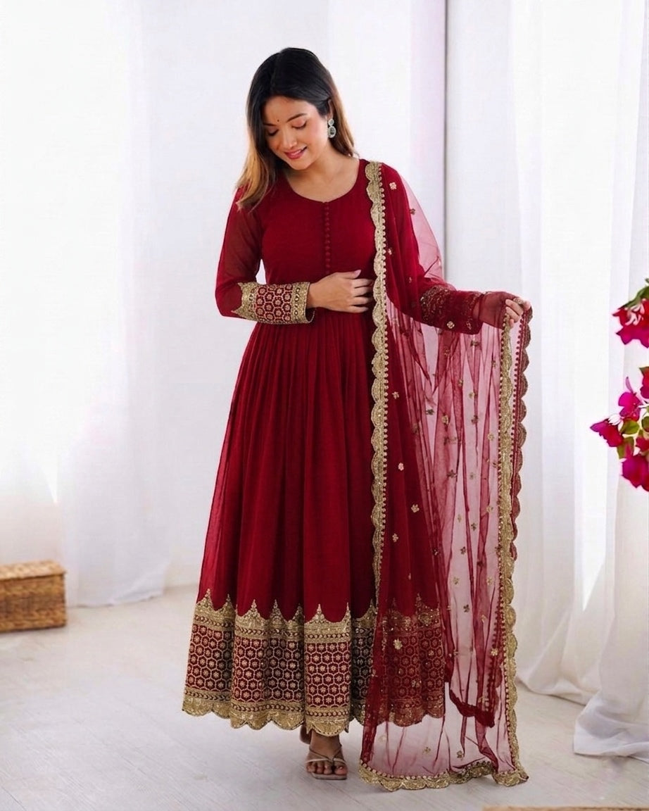 Womenline Maroon Embroidered Anarkali Suit Set with Embroidered Dupatta