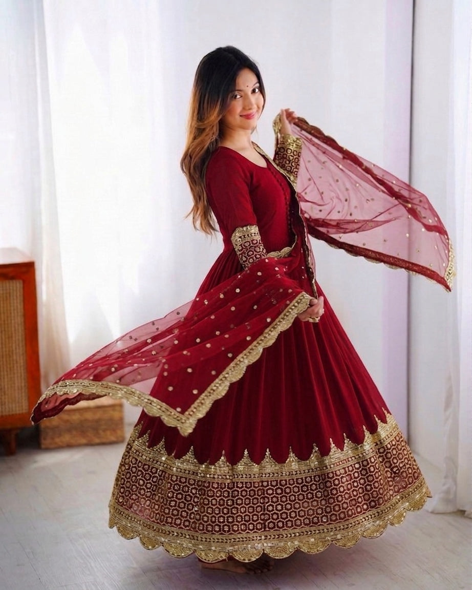 Womenline Maroon Embroidered Anarkali Suit Set with Embroidered Dupatta