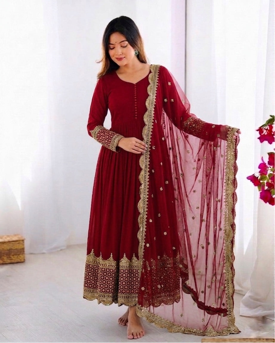 Womenline Maroon Embroidered Anarkali Suit Set with Embroidered Dupatta