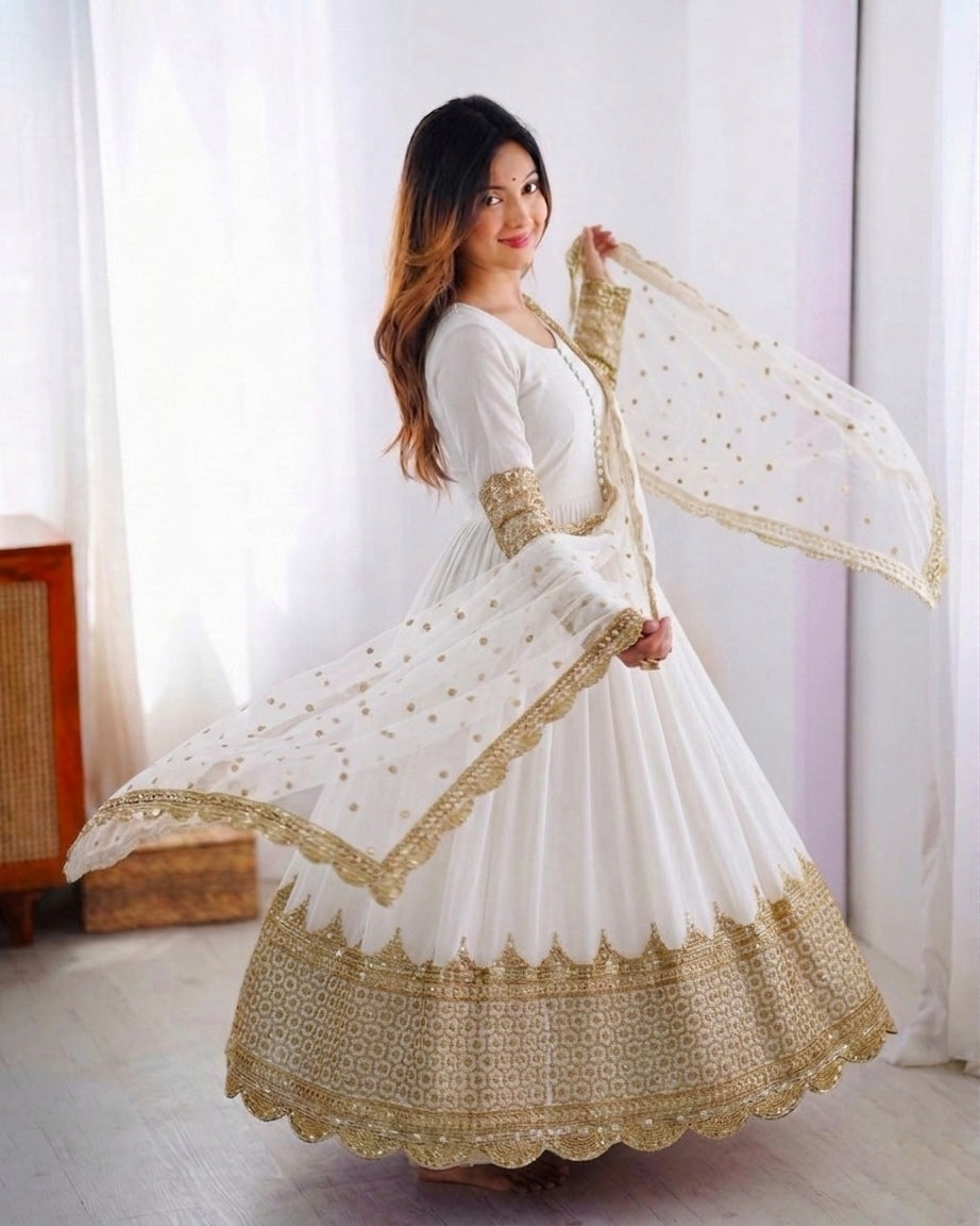 Womenline Ivory White Embroidered Anarkali Suit Set with Embroidered Dupatta