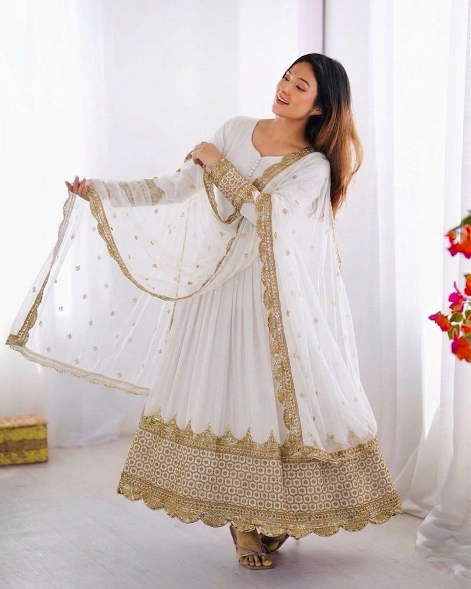 Womenline Ivory White Embroidered Anarkali Suit Set with Embroidered Dupatta