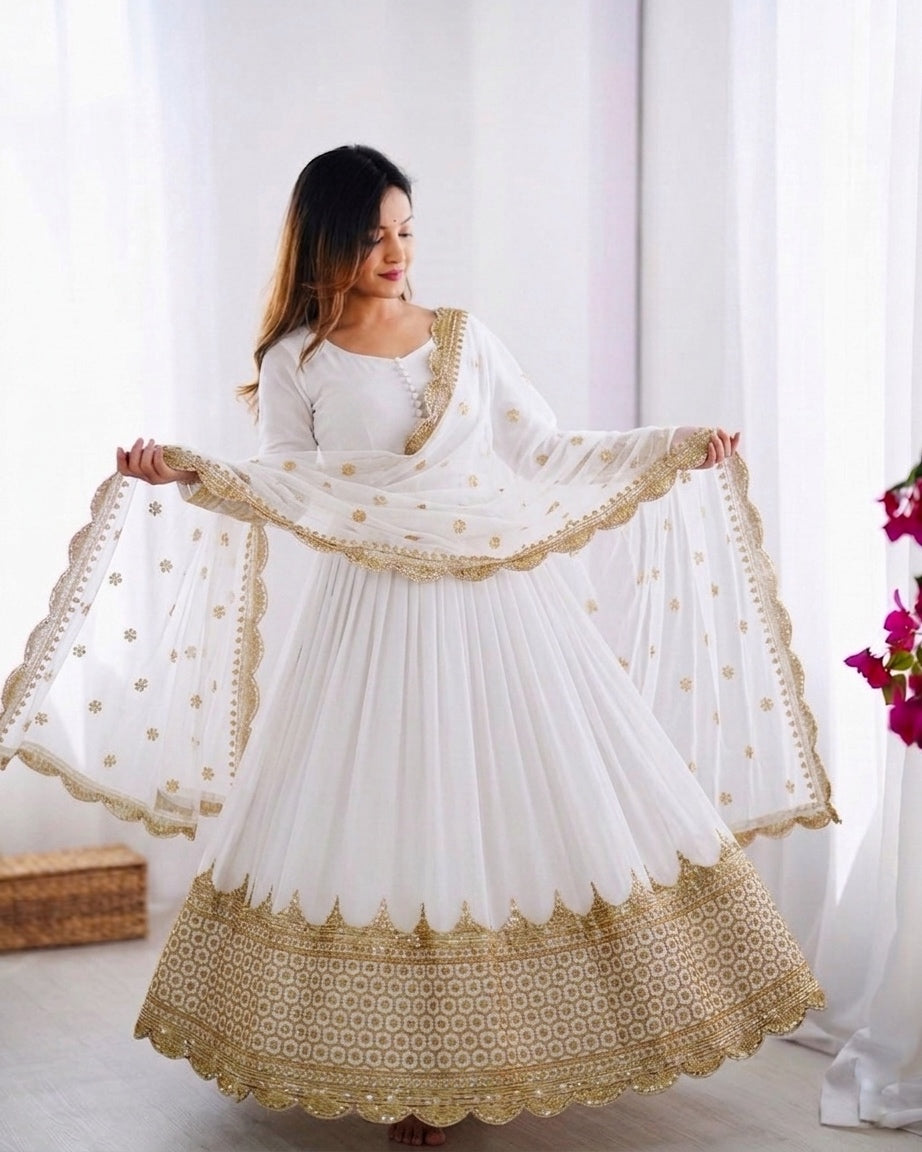 Womenline Ivory White Embroidered Anarkali Suit Set with Embroidered Dupatta