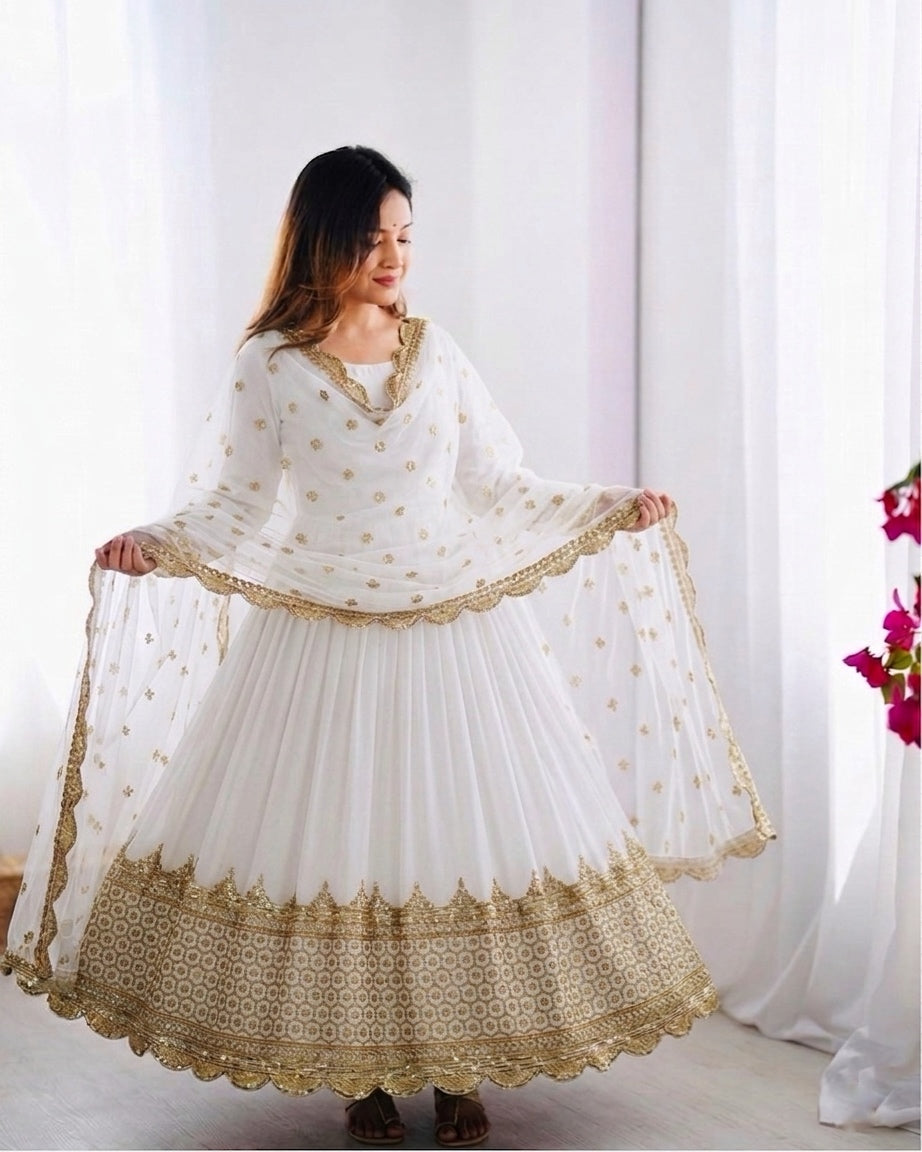 Womenline Ivory White Embroidered Anarkali Suit Set with Embroidered Dupatta