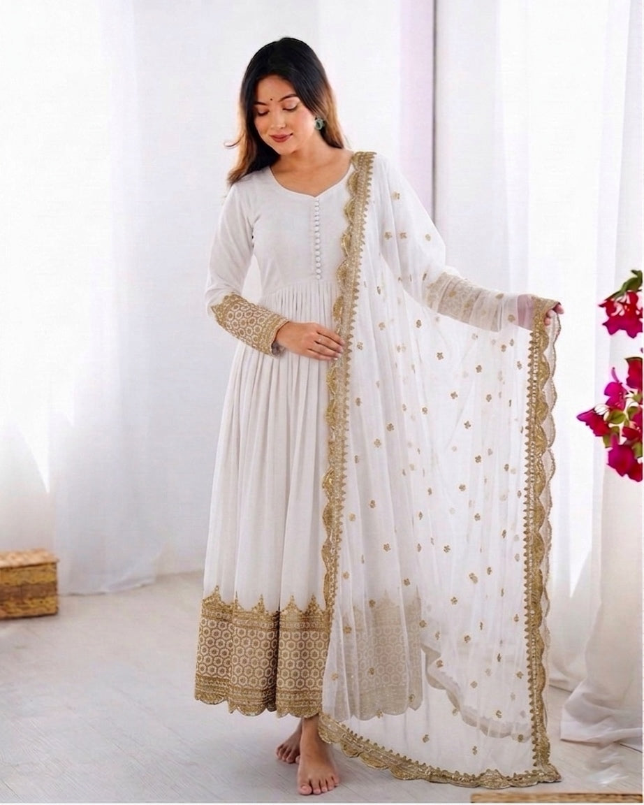 Womenline Ivory White Embroidered Anarkali Suit Set with Embroidered Dupatta