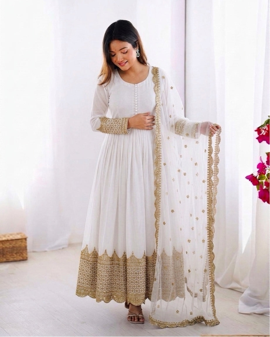 Womenline Ivory White Embroidered Anarkali Suit Set with Embroidered Dupatta