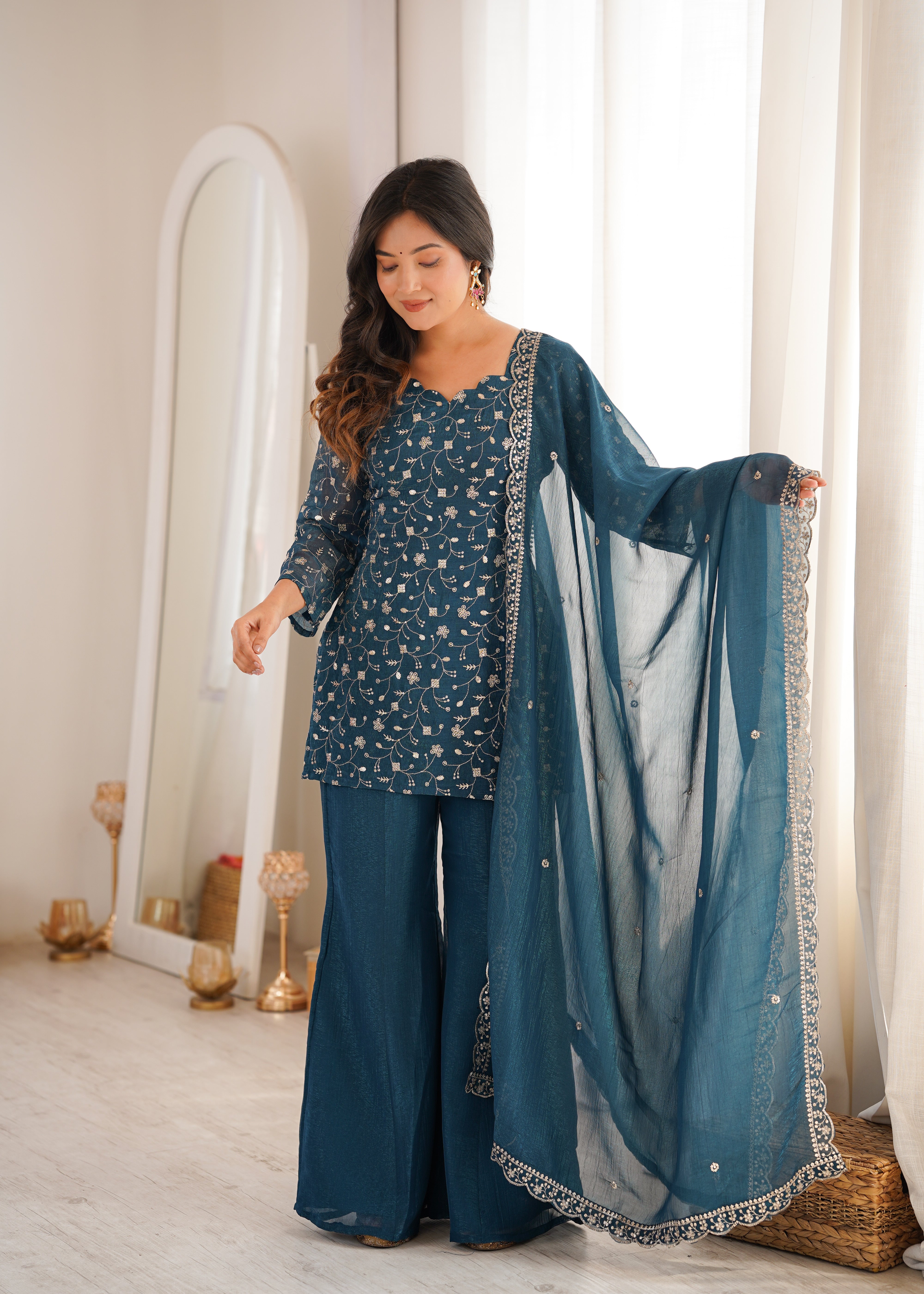 Womenline Teal Blue Embroidered Kurta Sharara Set with Organza Dupatta