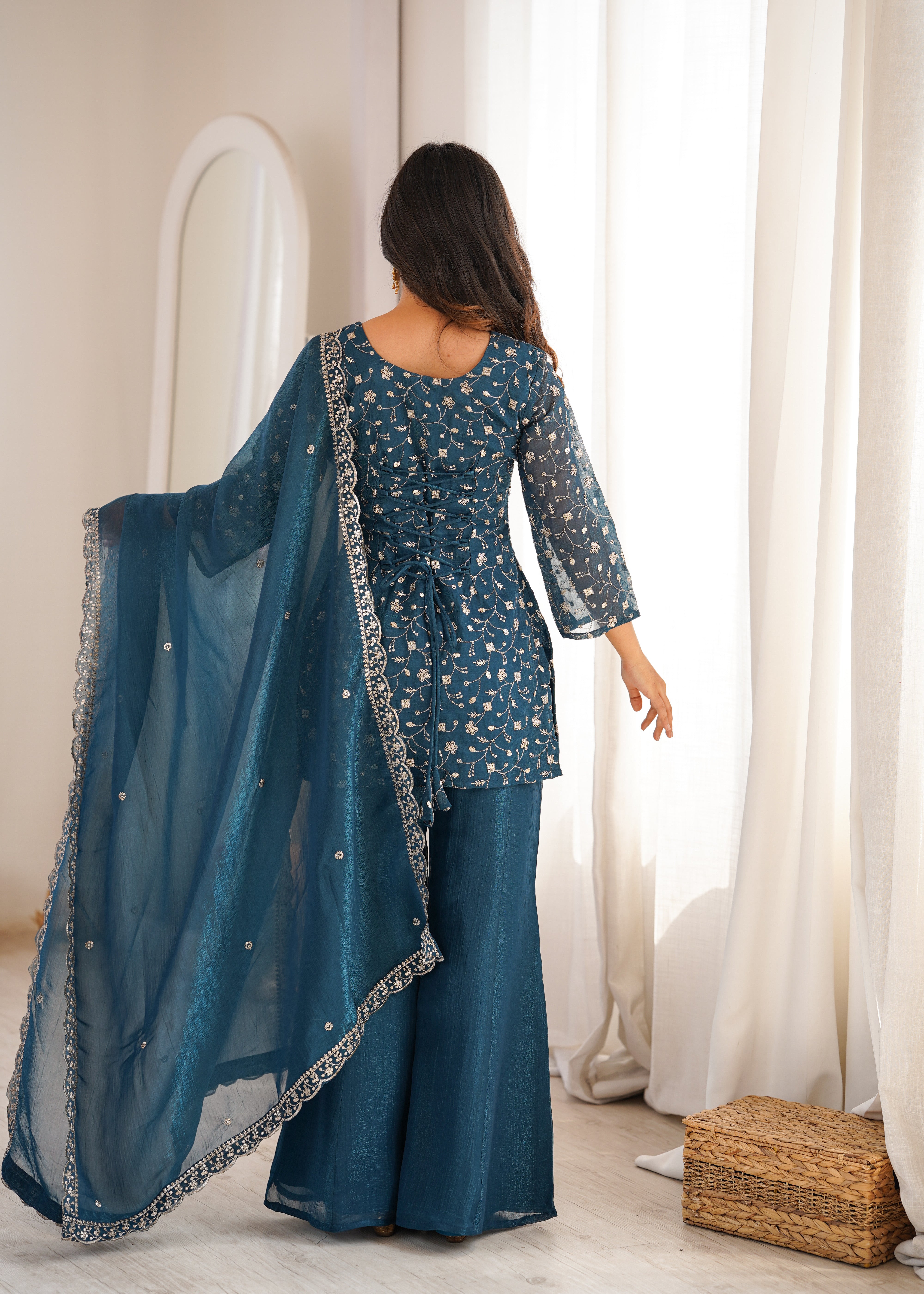 Womenline Teal Blue Embroidered Kurta Sharara Set with Organza Dupatta