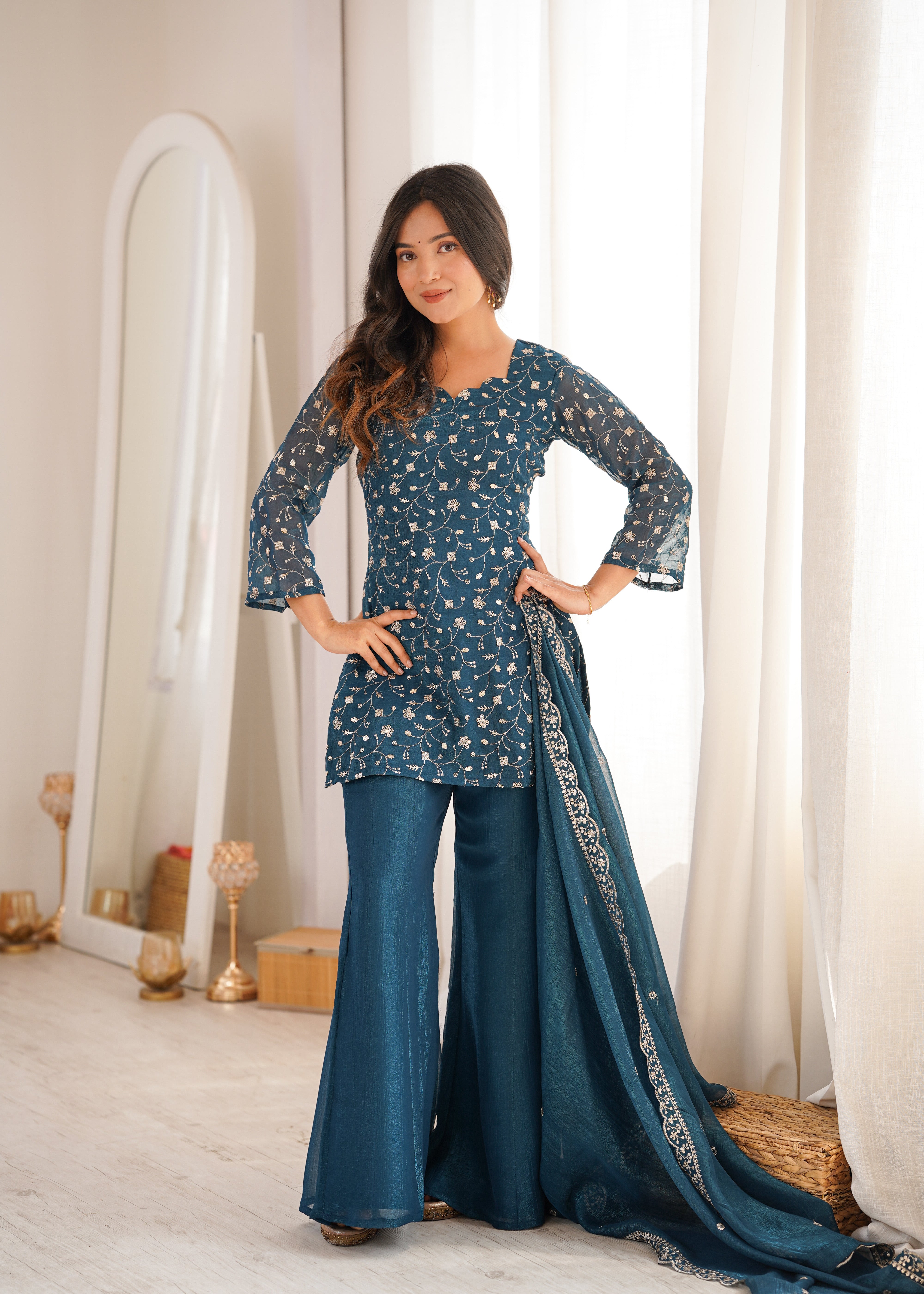 Womenline Teal Blue Embroidered Kurta Sharara Set with Organza Dupatta