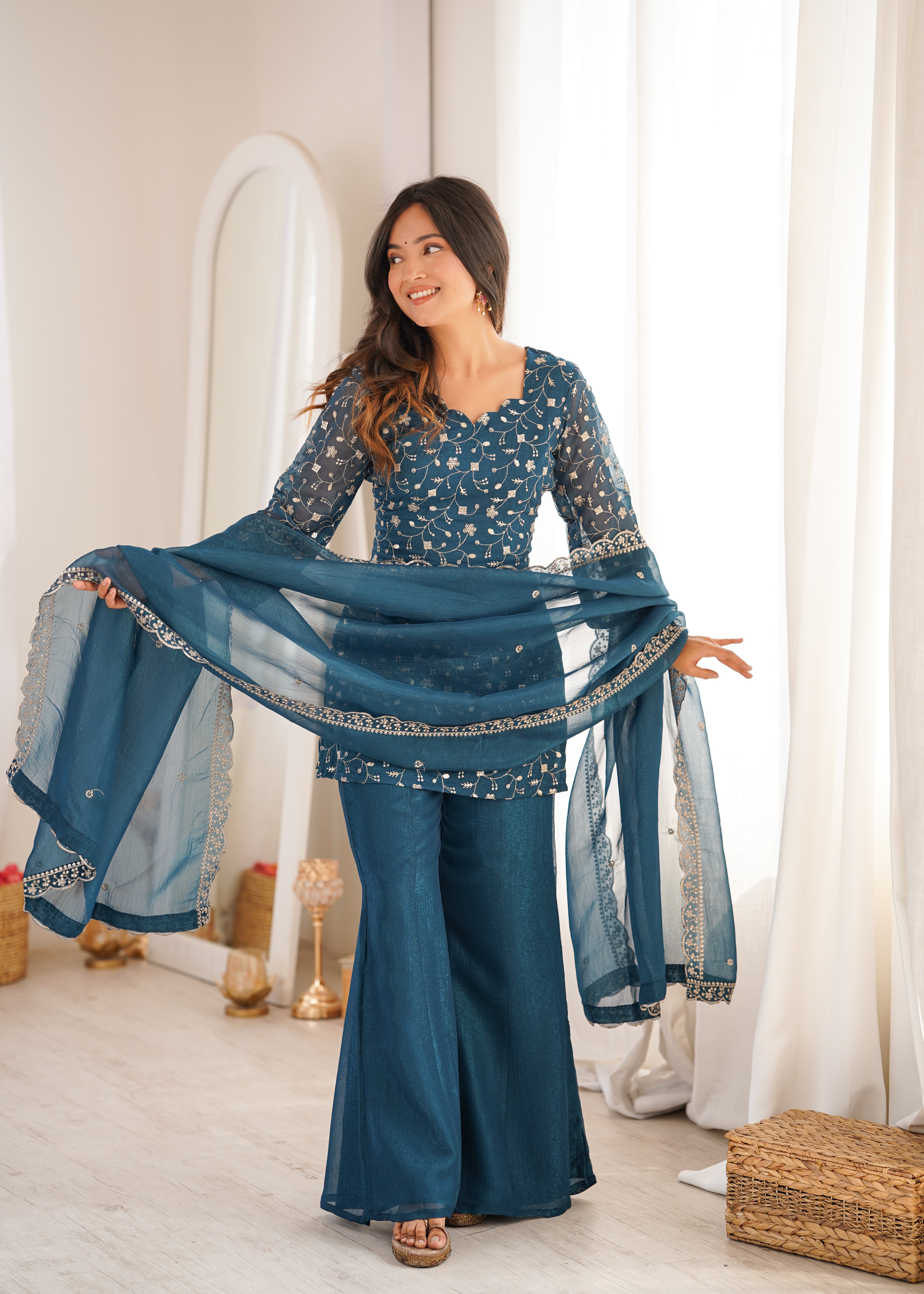 Womenline Teal Blue Embroidered Kurta Sharara Set with Organza Dupatta