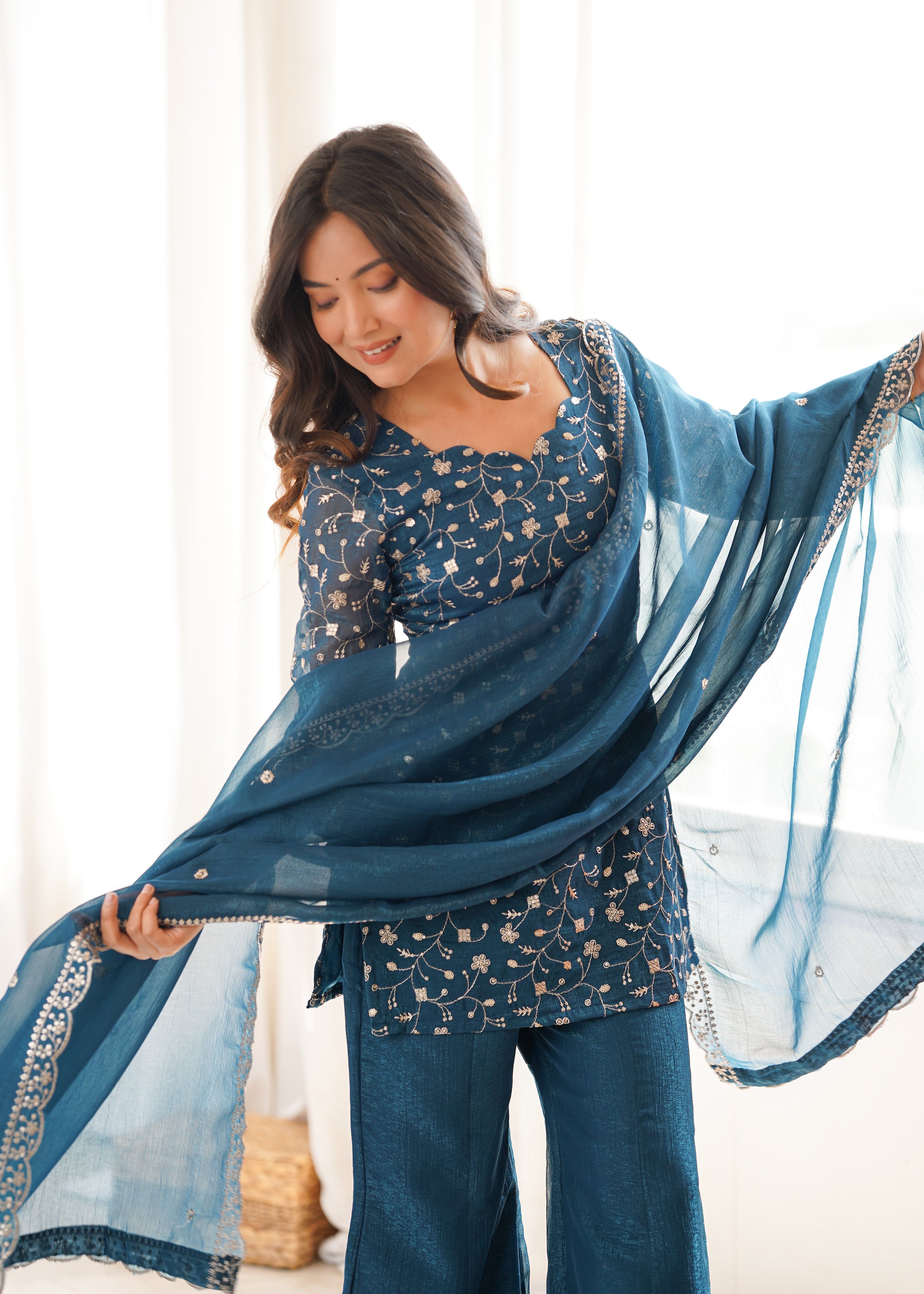 Womenline Teal Blue Embroidered Kurta Sharara Set with Organza Dupatta