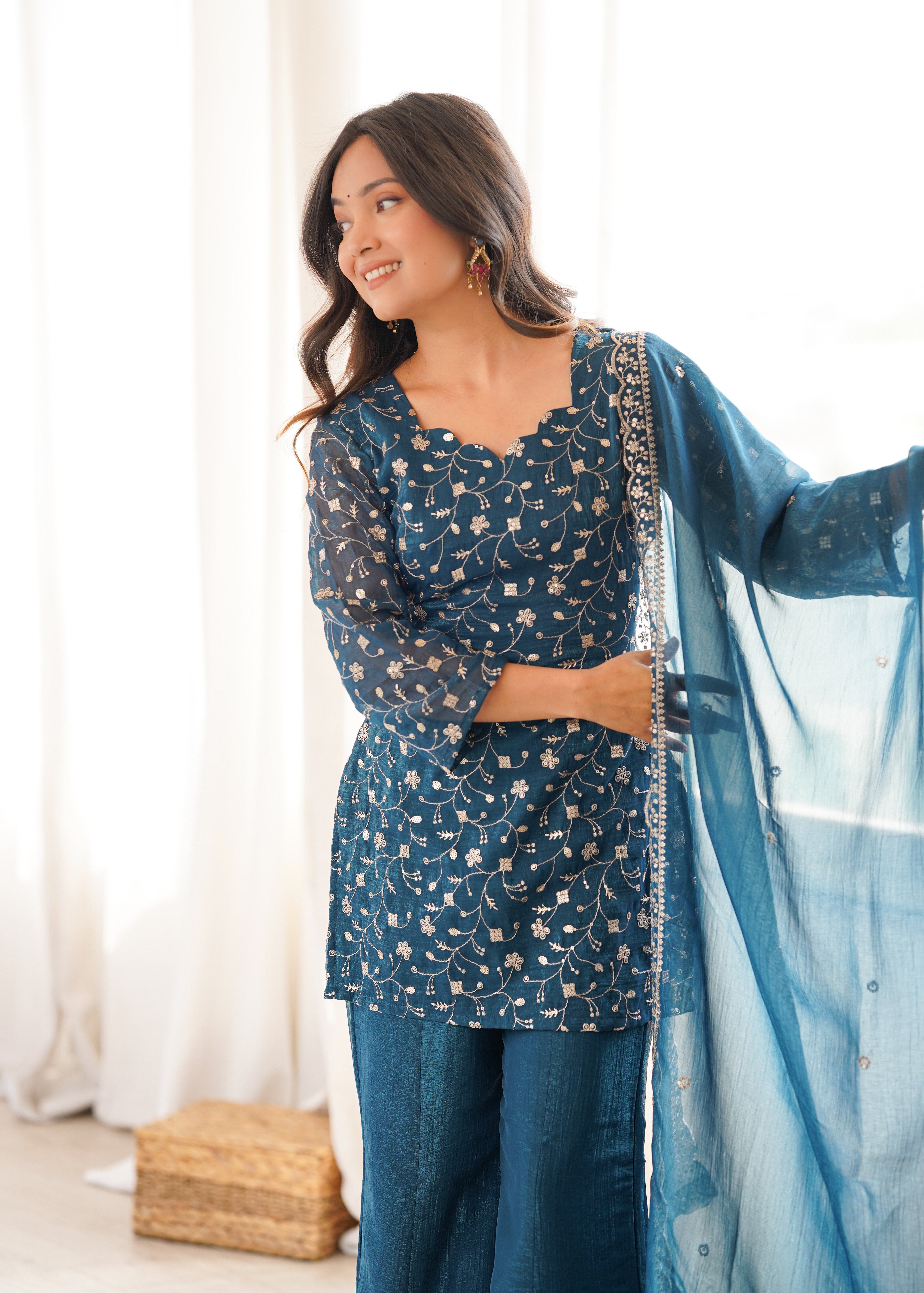 Womenline Teal Blue Embroidered Kurta Sharara Set with Organza Dupatta