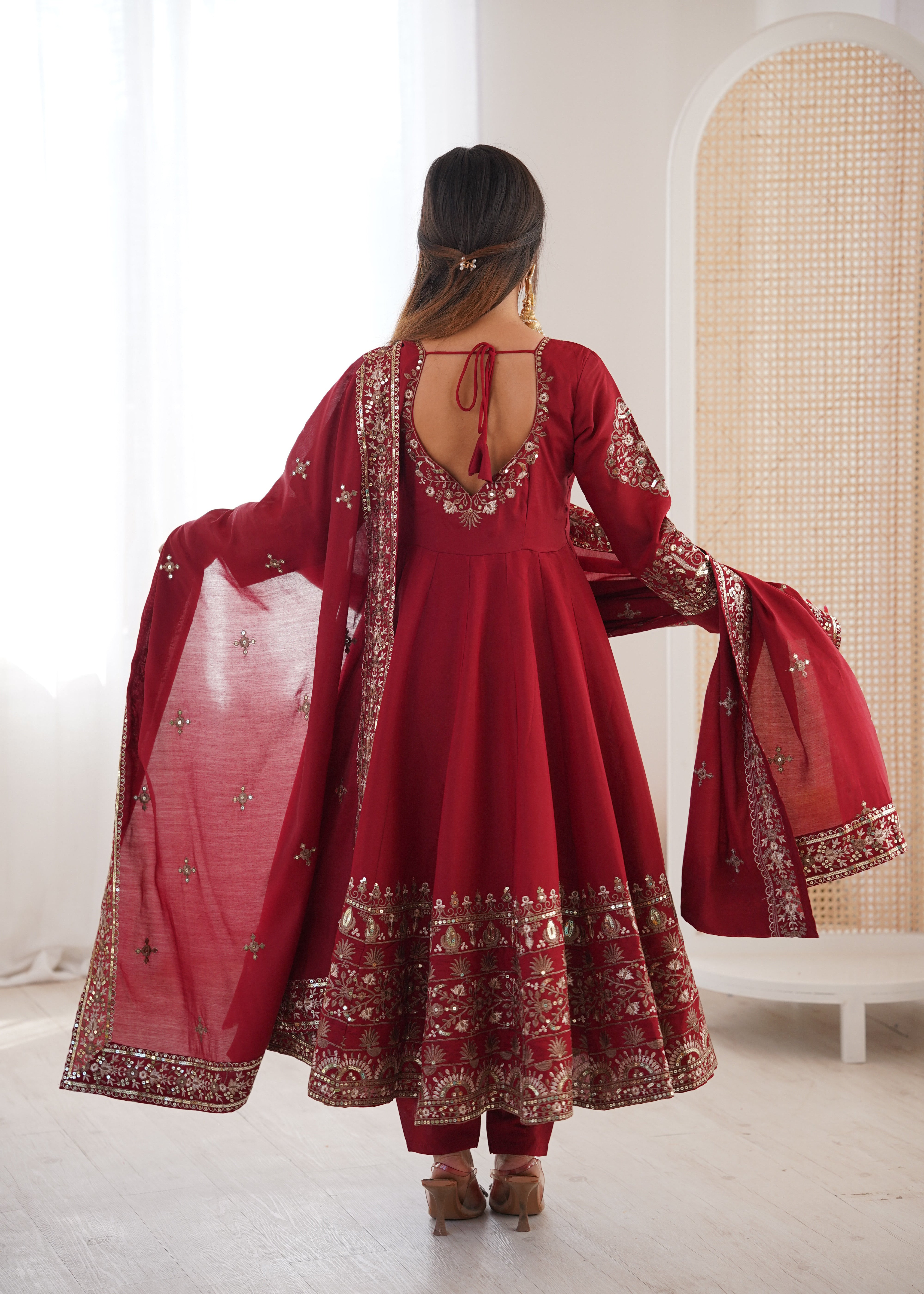 Womenline Royal Wine Red & Gold Embroidered Anarkali Suit Set
