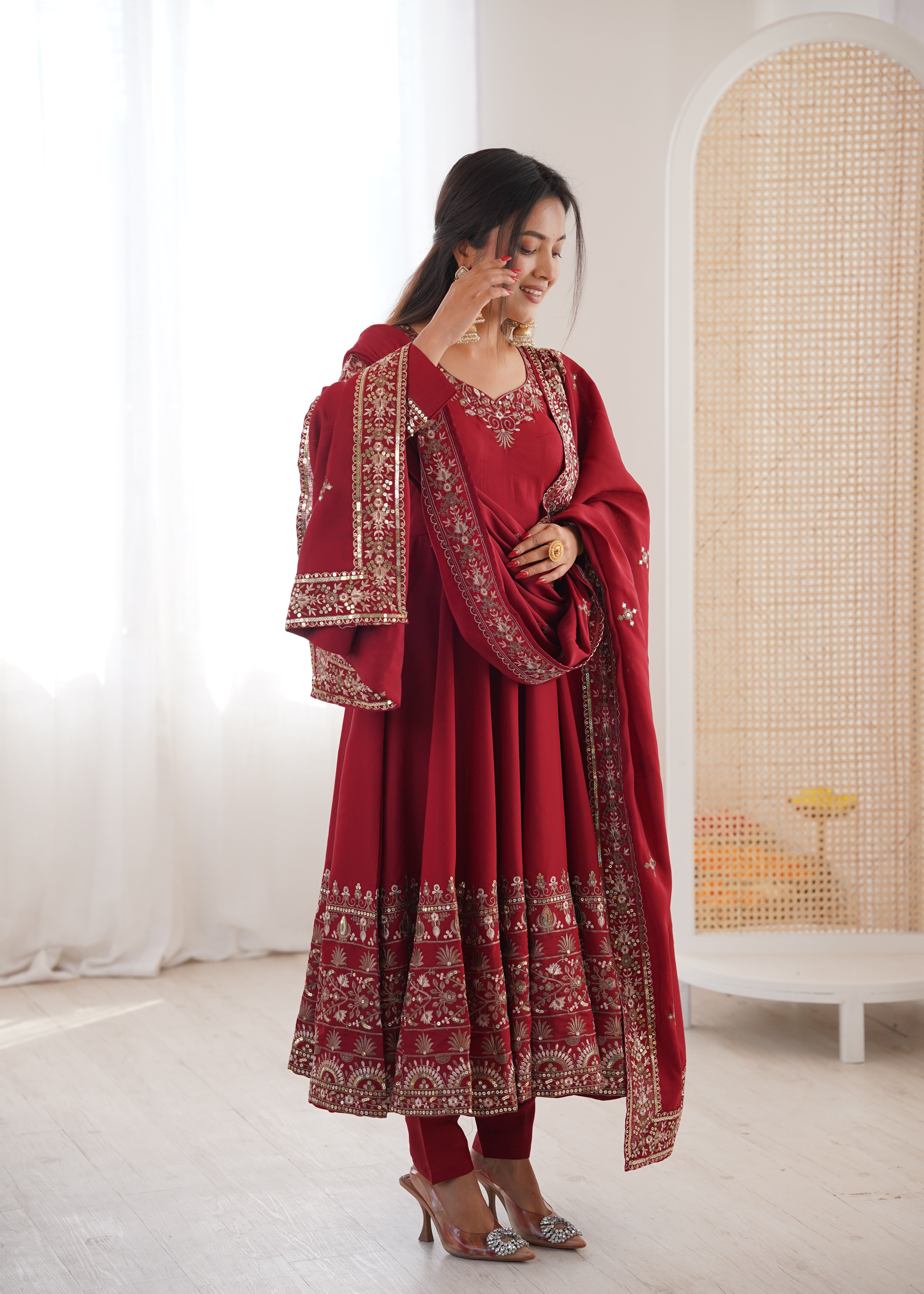 Womenline Royal Wine Red & Gold Embroidered Anarkali Suit Set