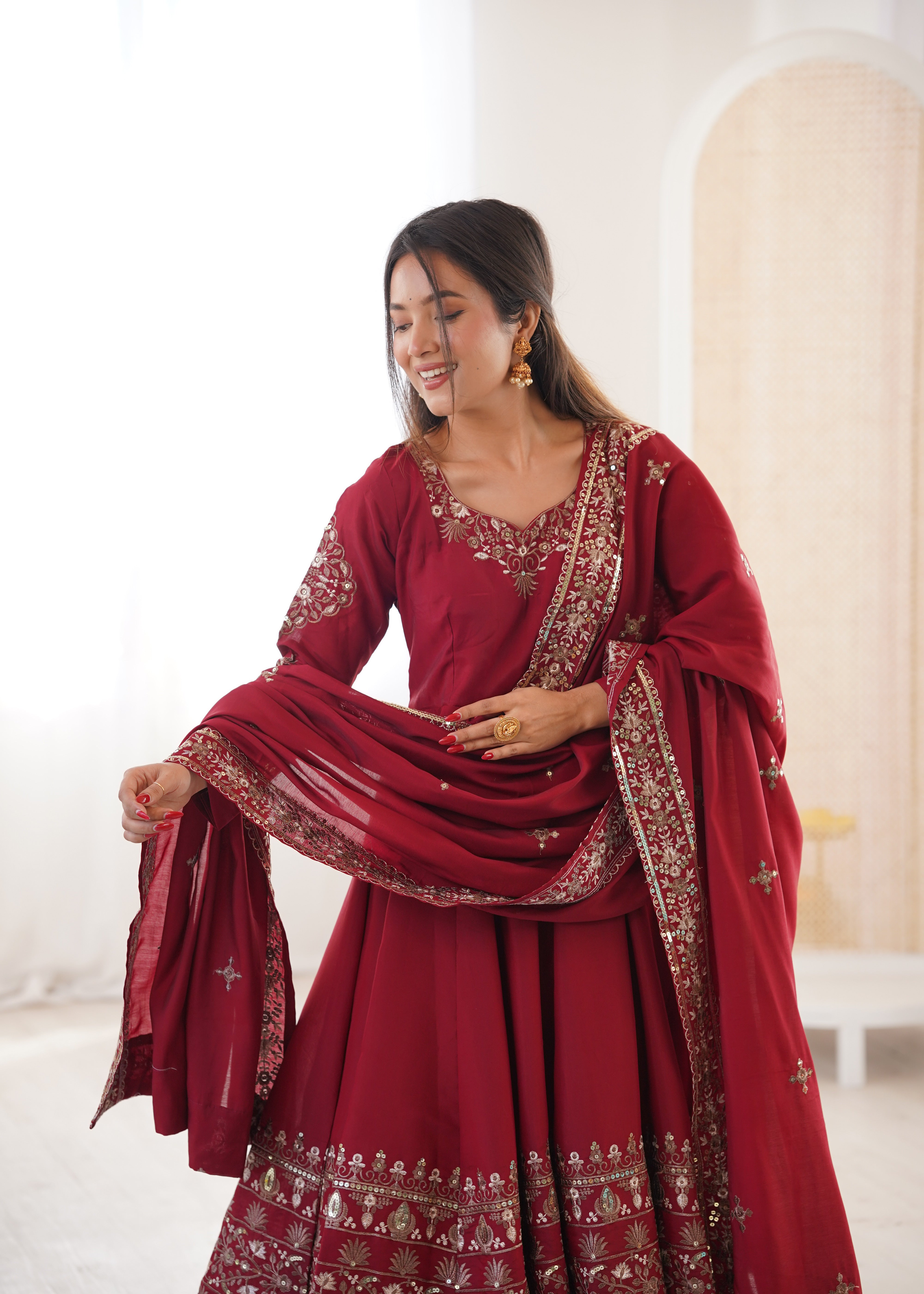 Womenline Royal Wine Red & Gold Embroidered Anarkali Suit Set