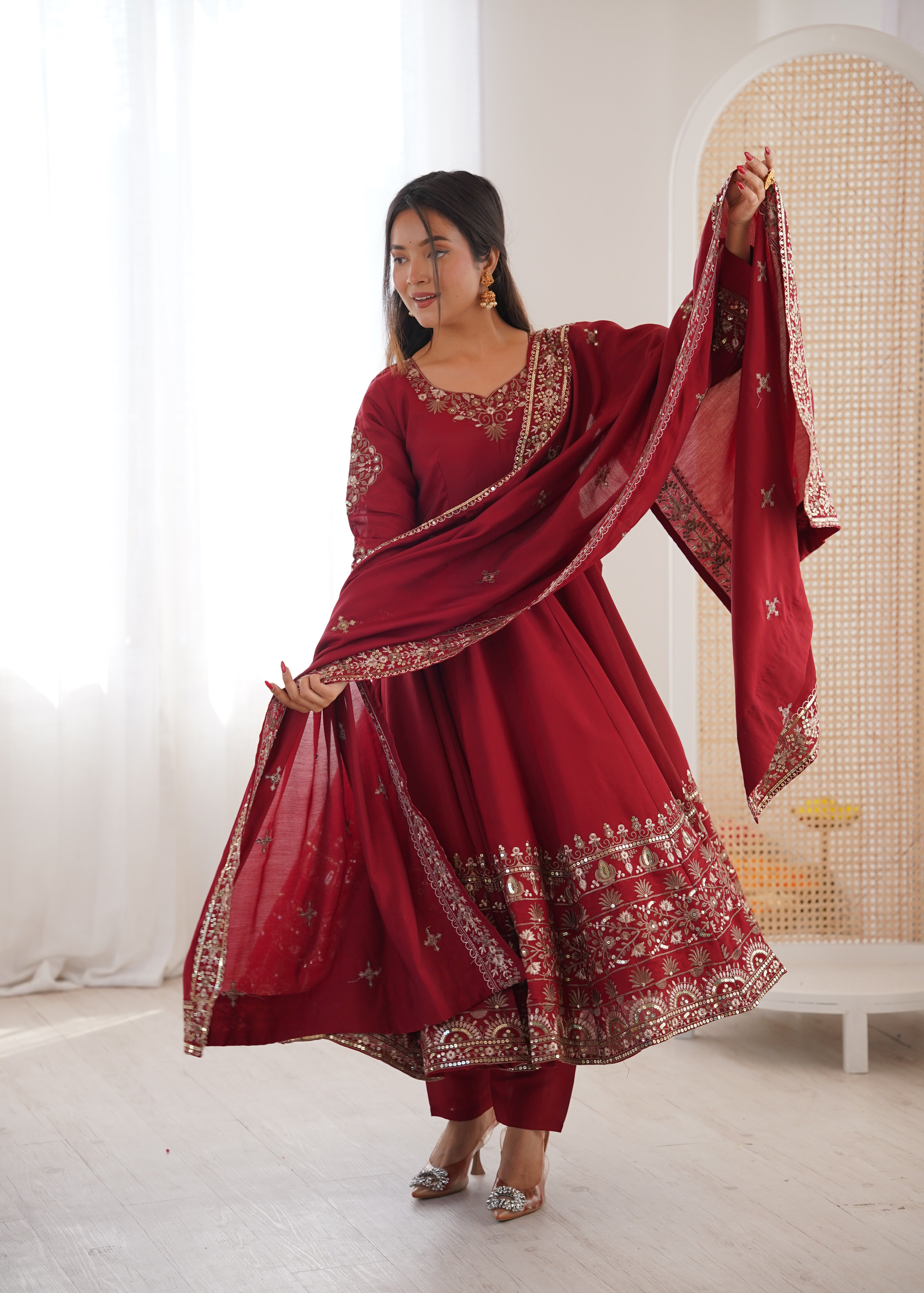 Womenline Royal Wine Red & Gold Embroidered Anarkali Suit Set