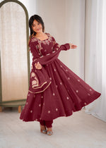 Womenline Wine Maroon Embroidered Anarkali Suit Set with Scalloped Dupatta