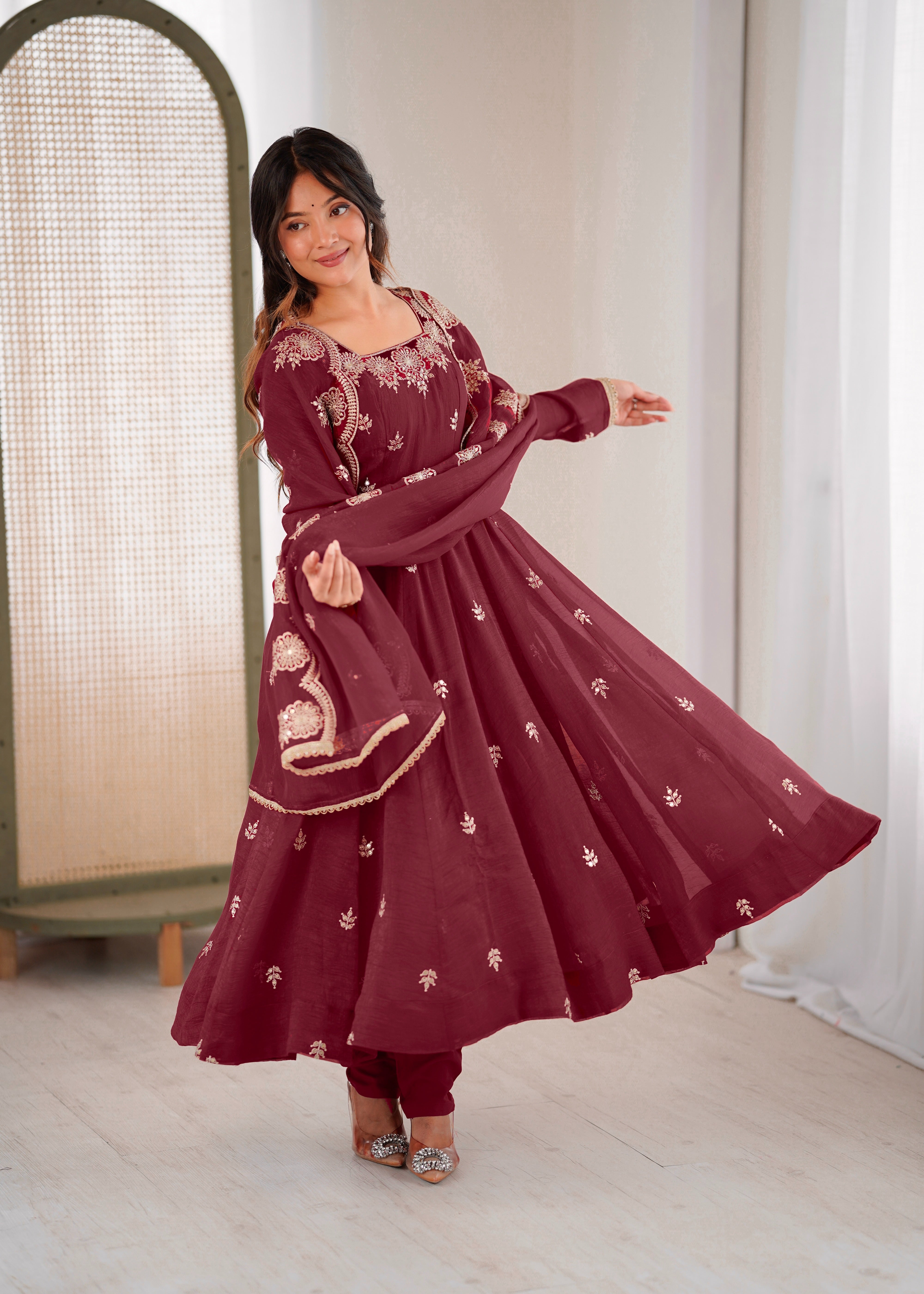 Womenline Wine Maroon Embroidered Anarkali Suit Set with Scalloped Dupatta