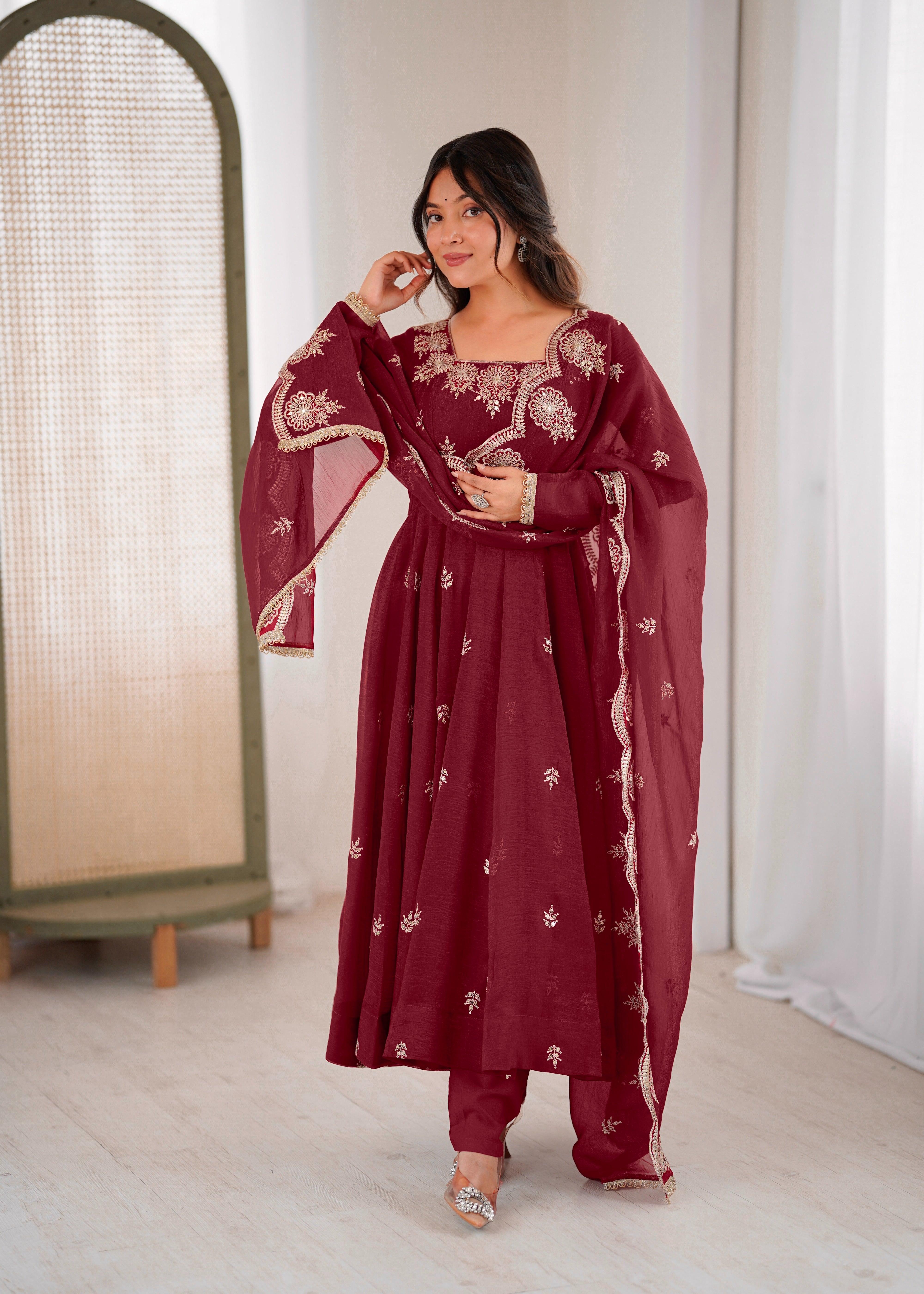 Womenline Wine Maroon Embroidered Anarkali Suit Set with Scalloped Dupatta