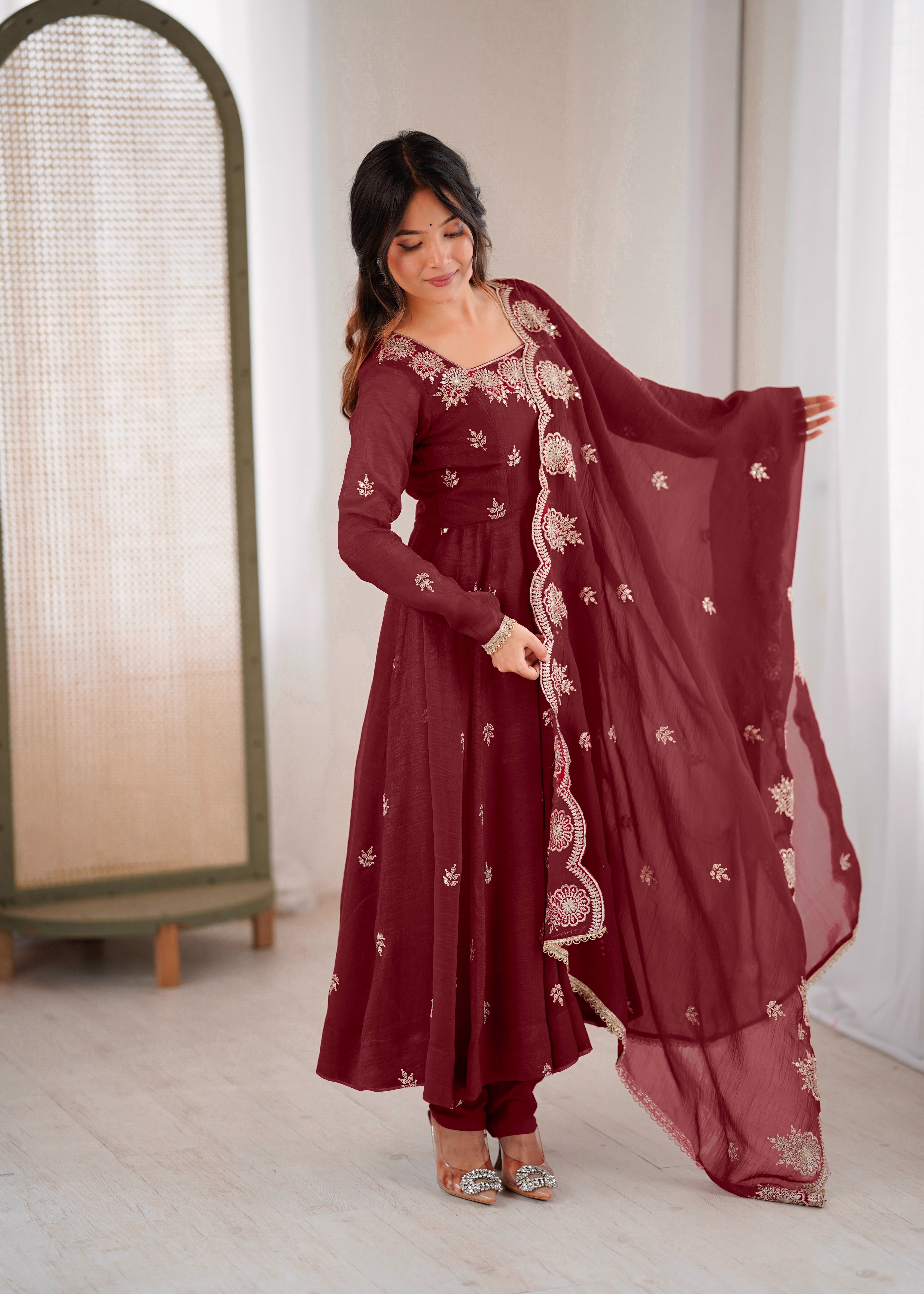 Womenline Wine Maroon Embroidered Anarkali Suit Set with Scalloped Dupatta
