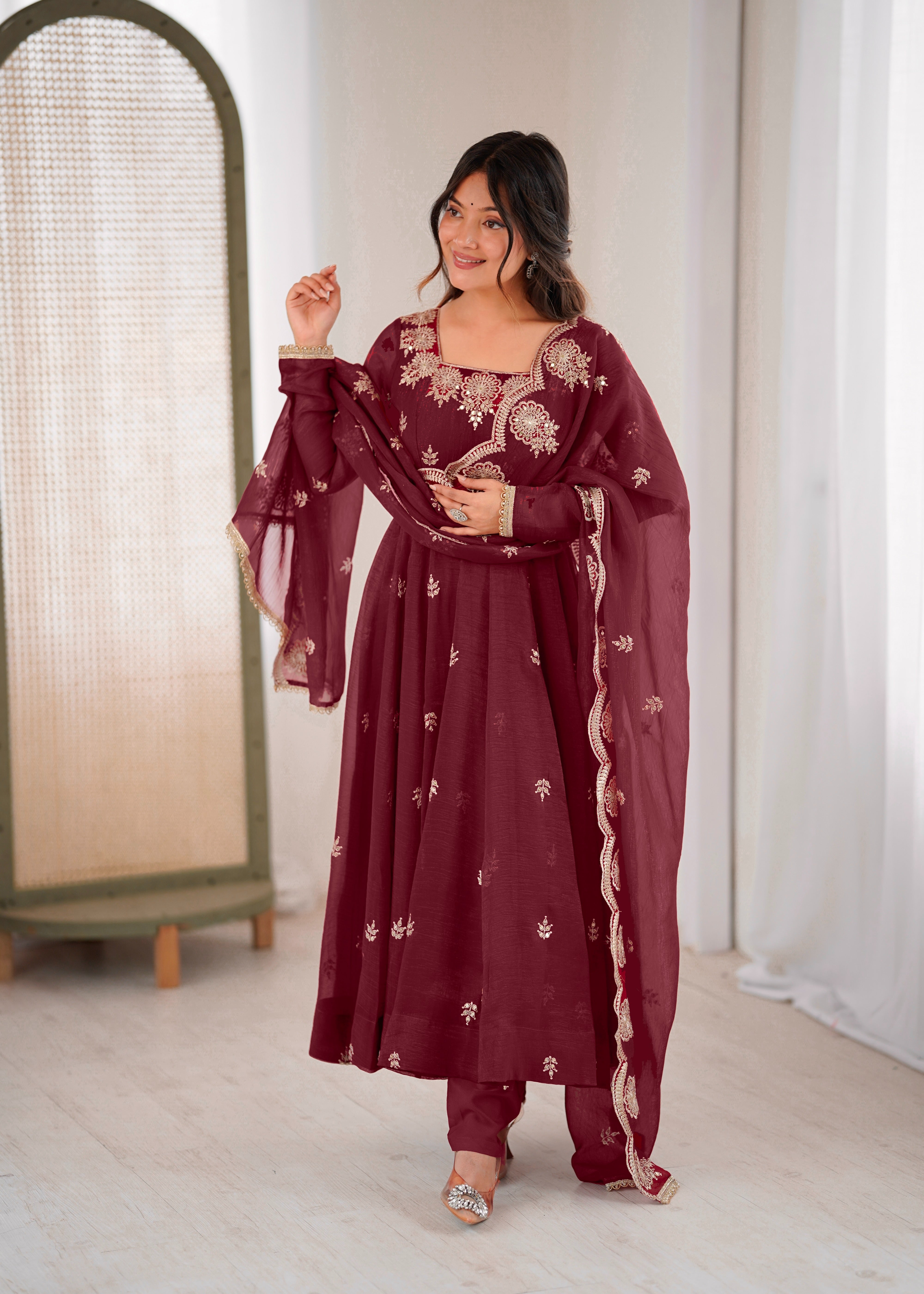 Womenline Wine Maroon Embroidered Anarkali Suit Set with Scalloped Dupatta