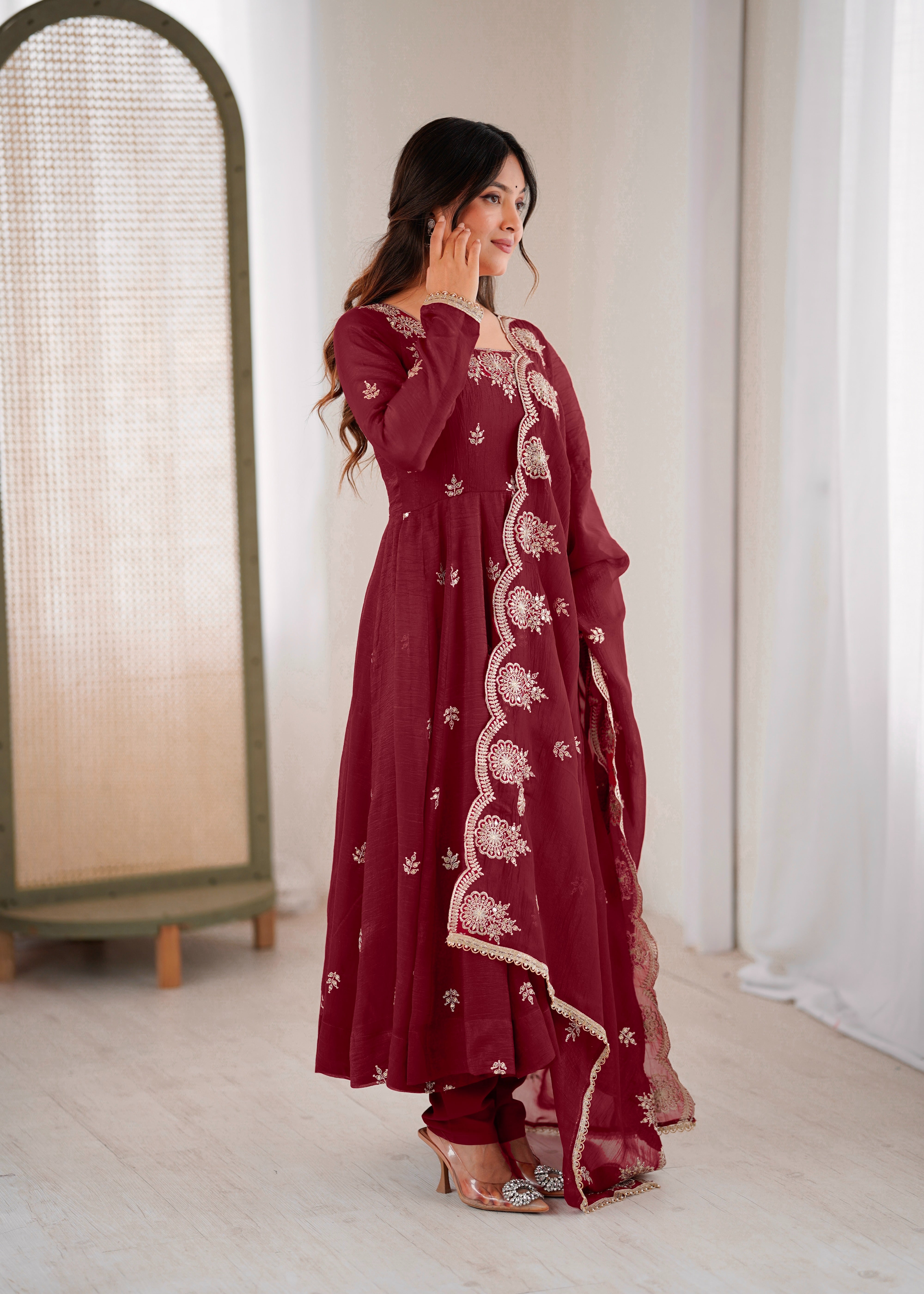 Womenline Wine Maroon Embroidered Anarkali Suit Set with Scalloped Dupatta