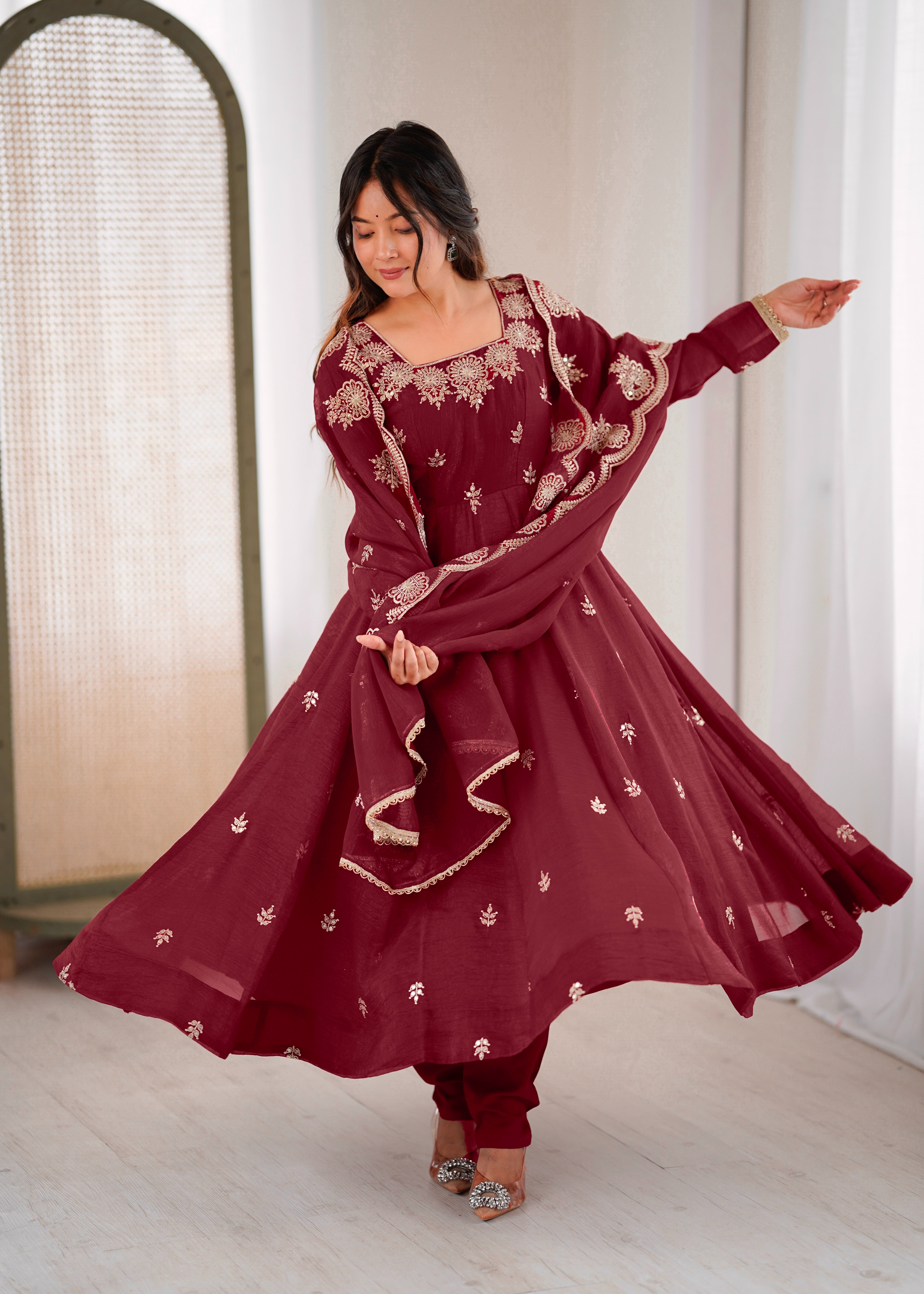 Womenline Wine Maroon Embroidered Anarkali Suit Set with Scalloped Dupatta