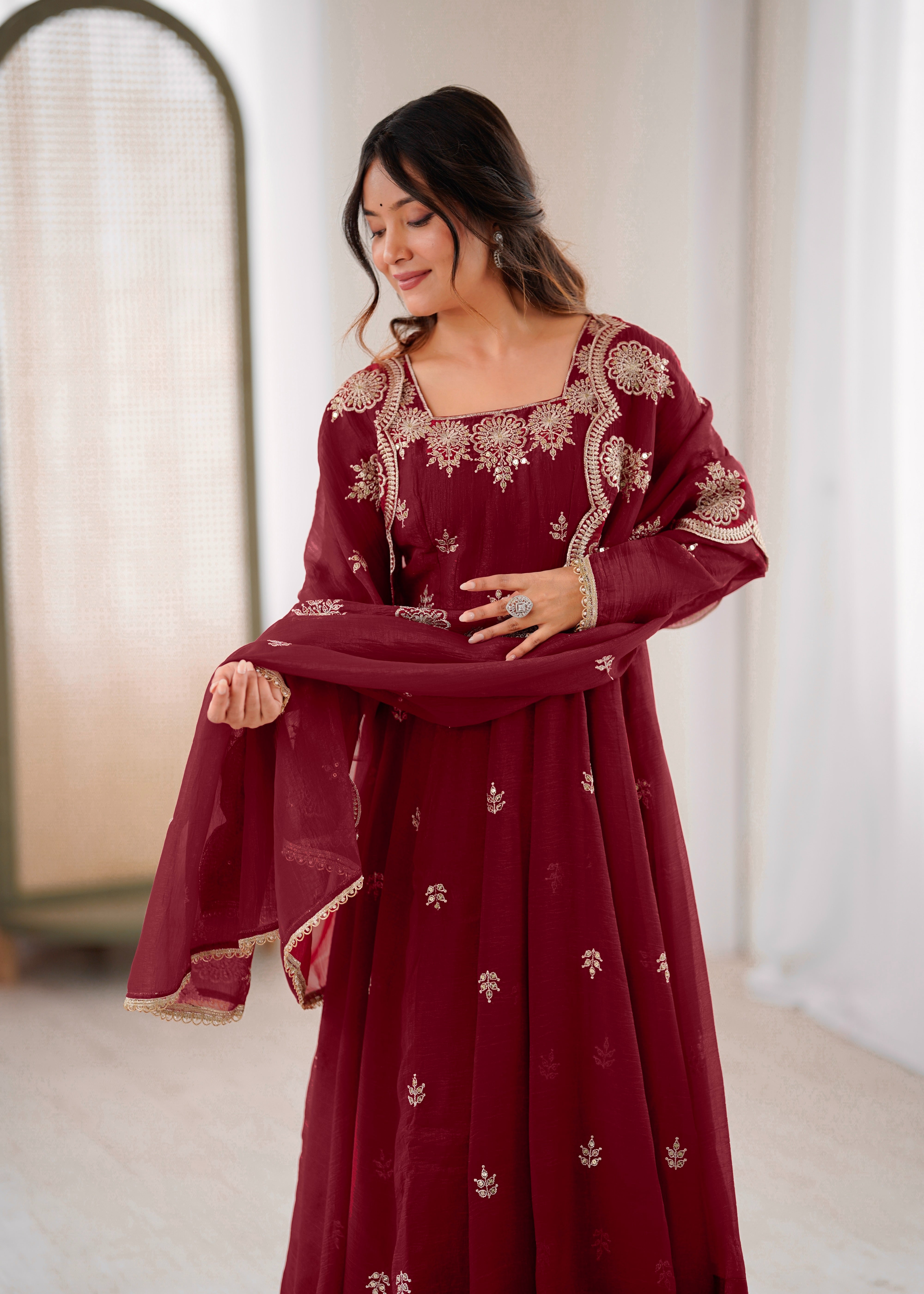 Womenline Wine Maroon Embroidered Anarkali Suit Set with Scalloped Dupatta