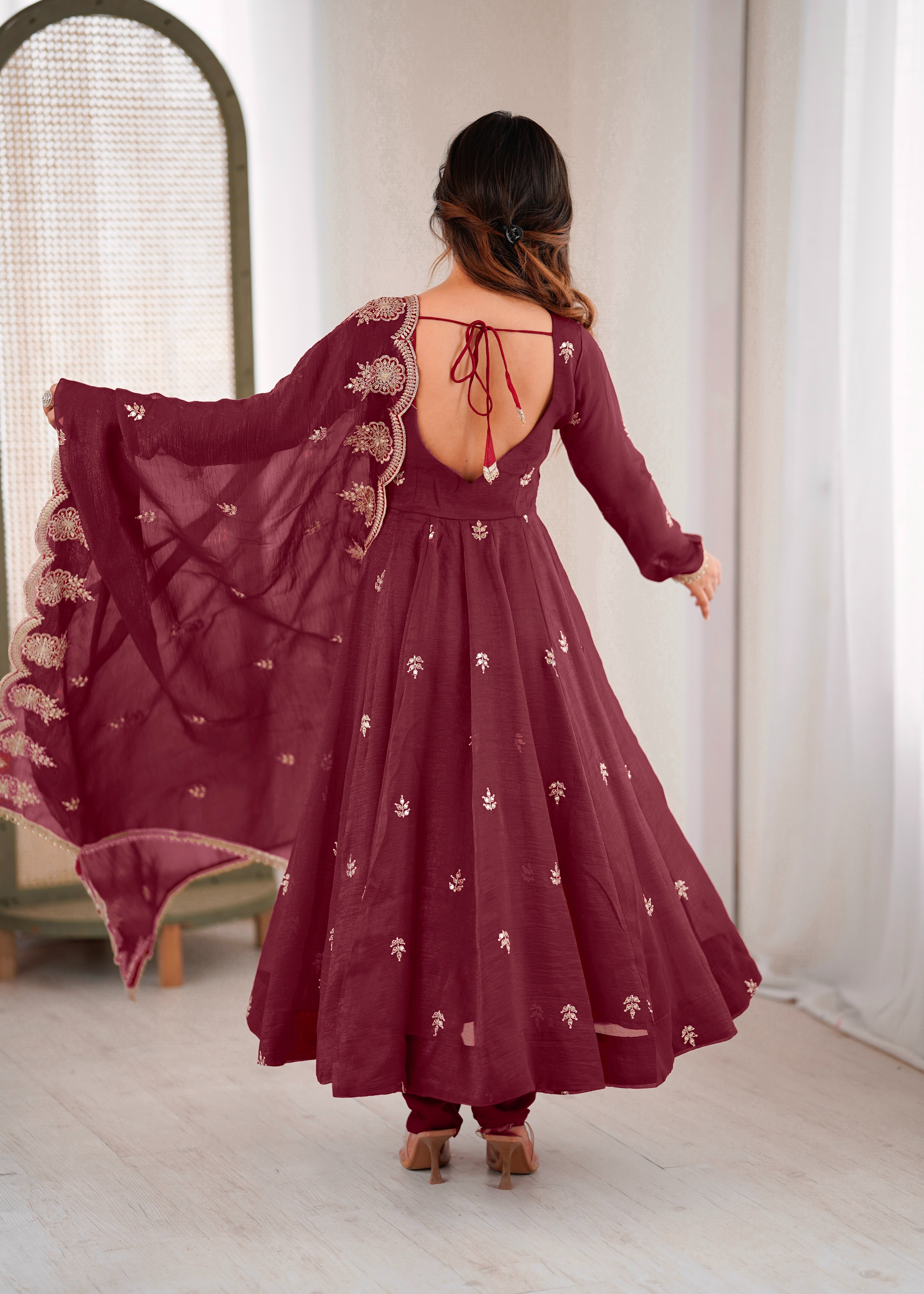 Womenline Wine Maroon Embroidered Anarkali Suit Set with Scalloped Dupatta