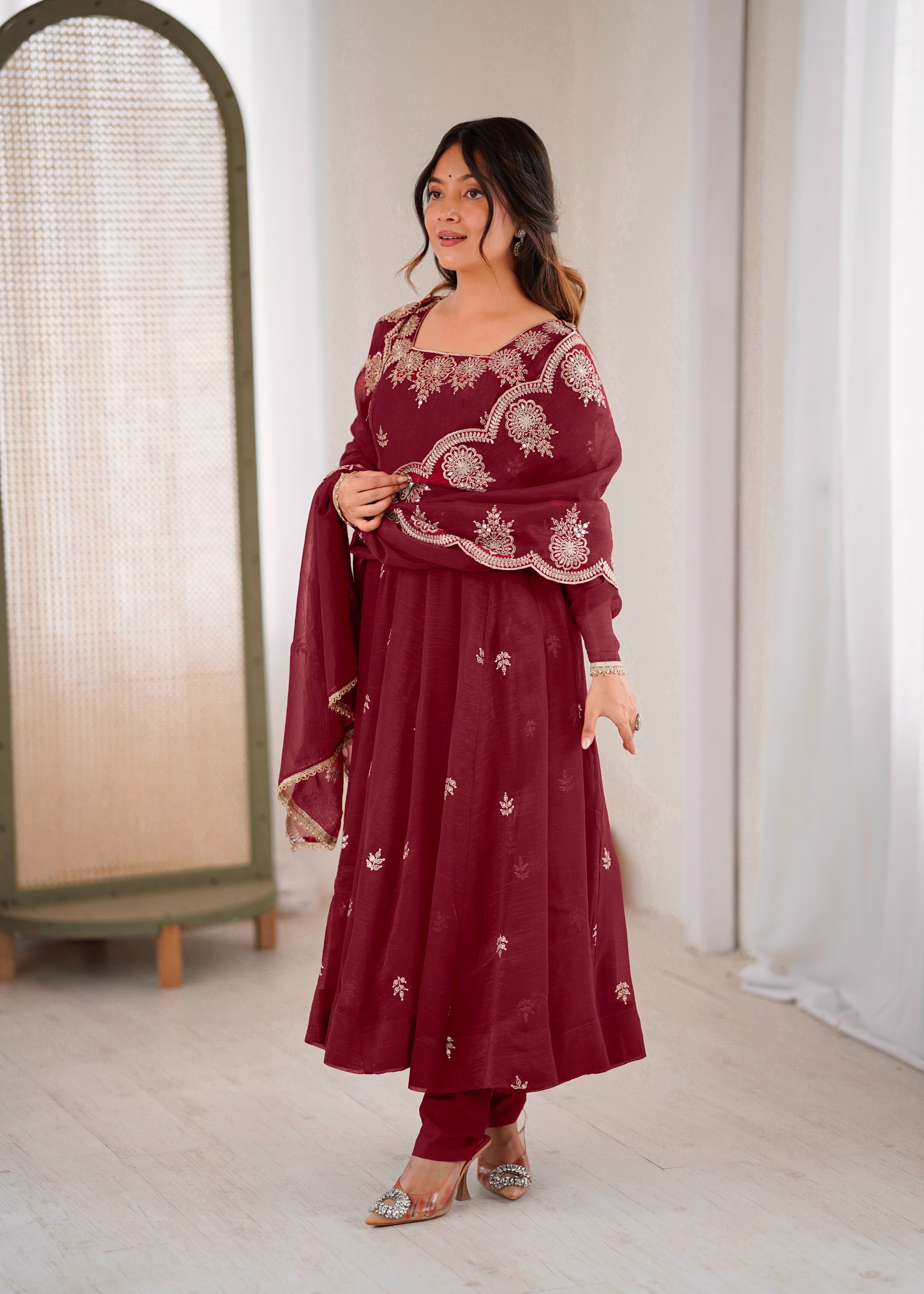Womenline Wine Maroon Embroidered Anarkali Suit Set with Scalloped Dupatta