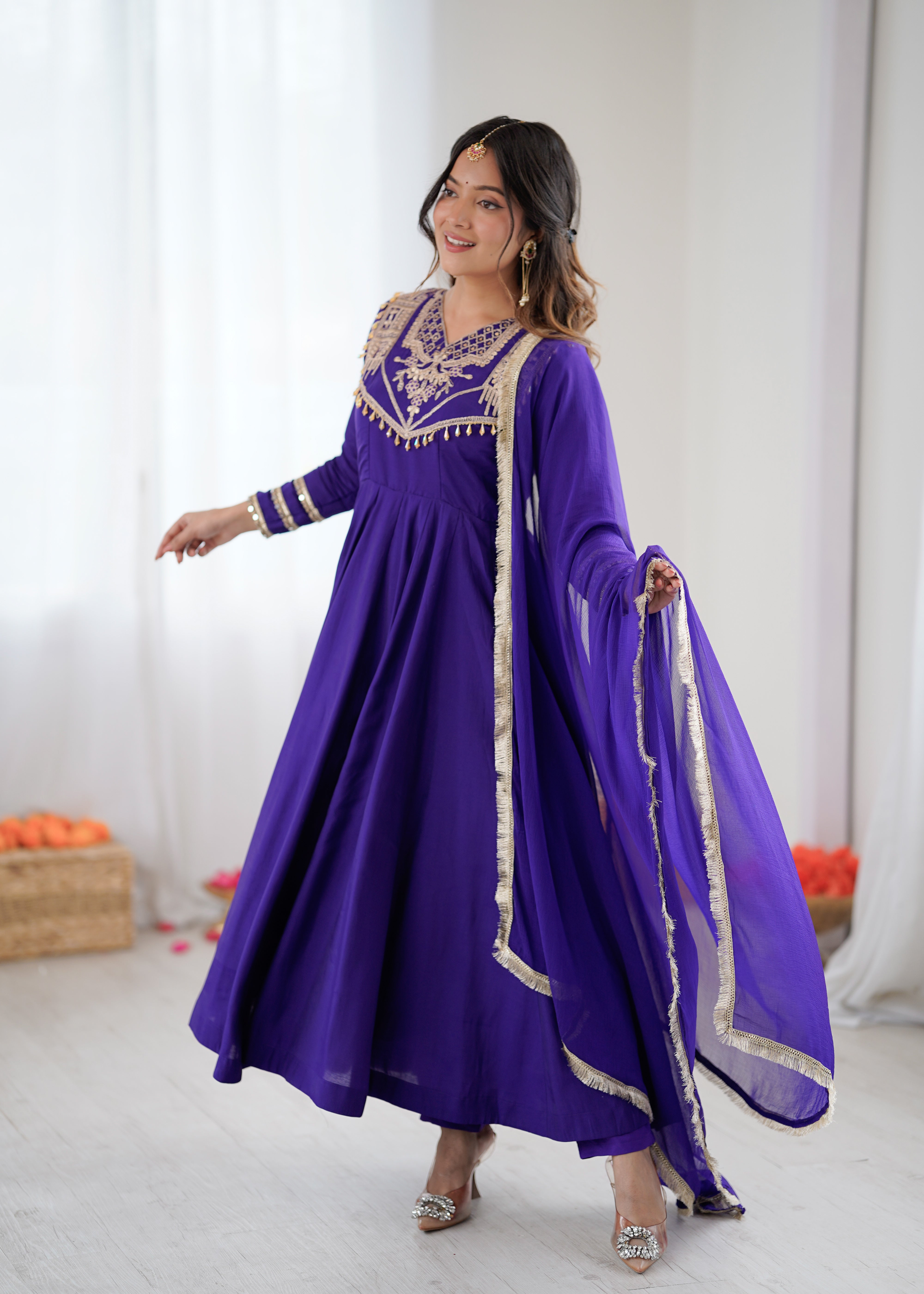 Womenline Royal Sapphire Embroidered Anarkali Suit Set with Elegant Dupatta