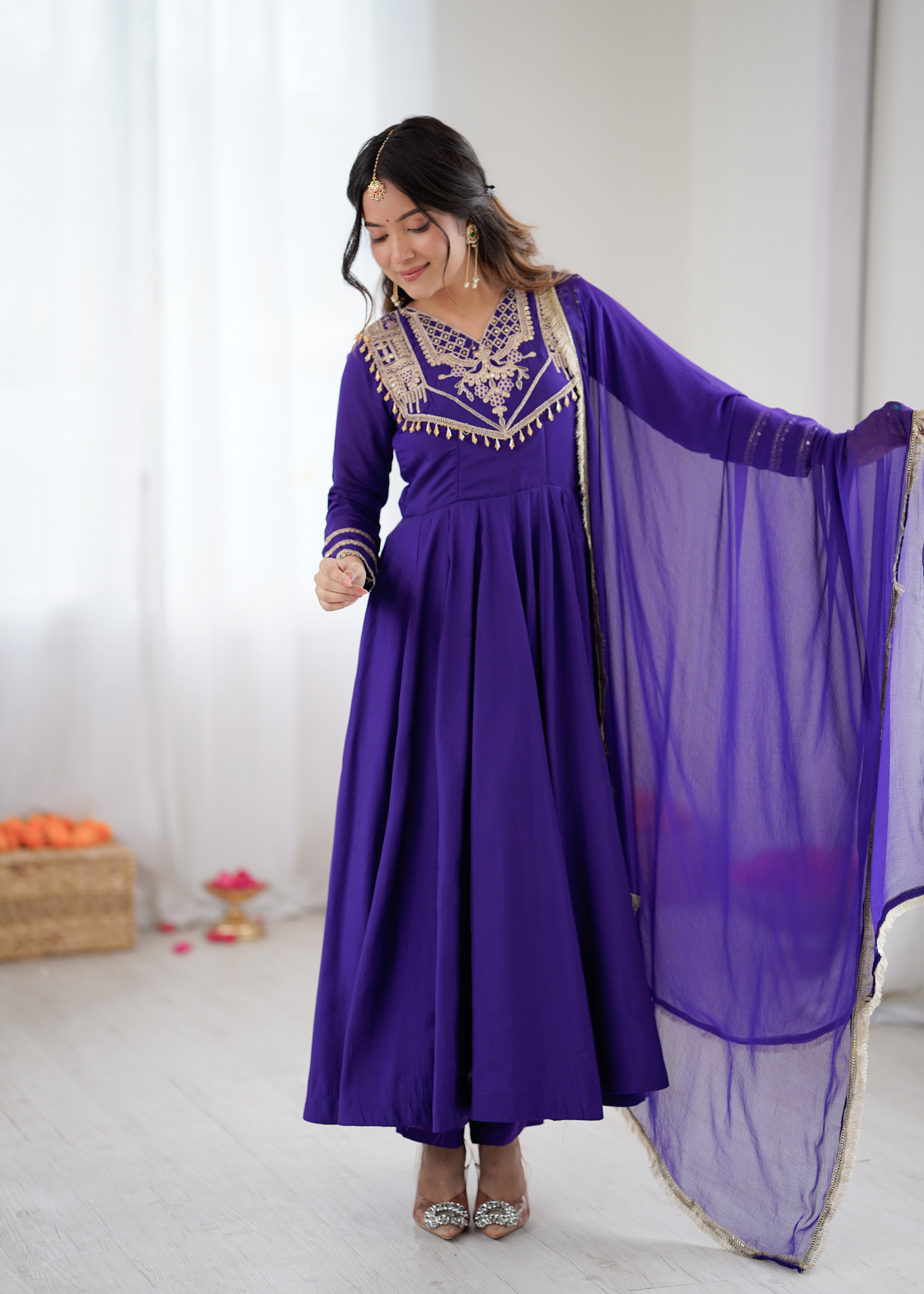 Womenline Royal Sapphire Embroidered Anarkali Suit Set with Elegant Dupatta