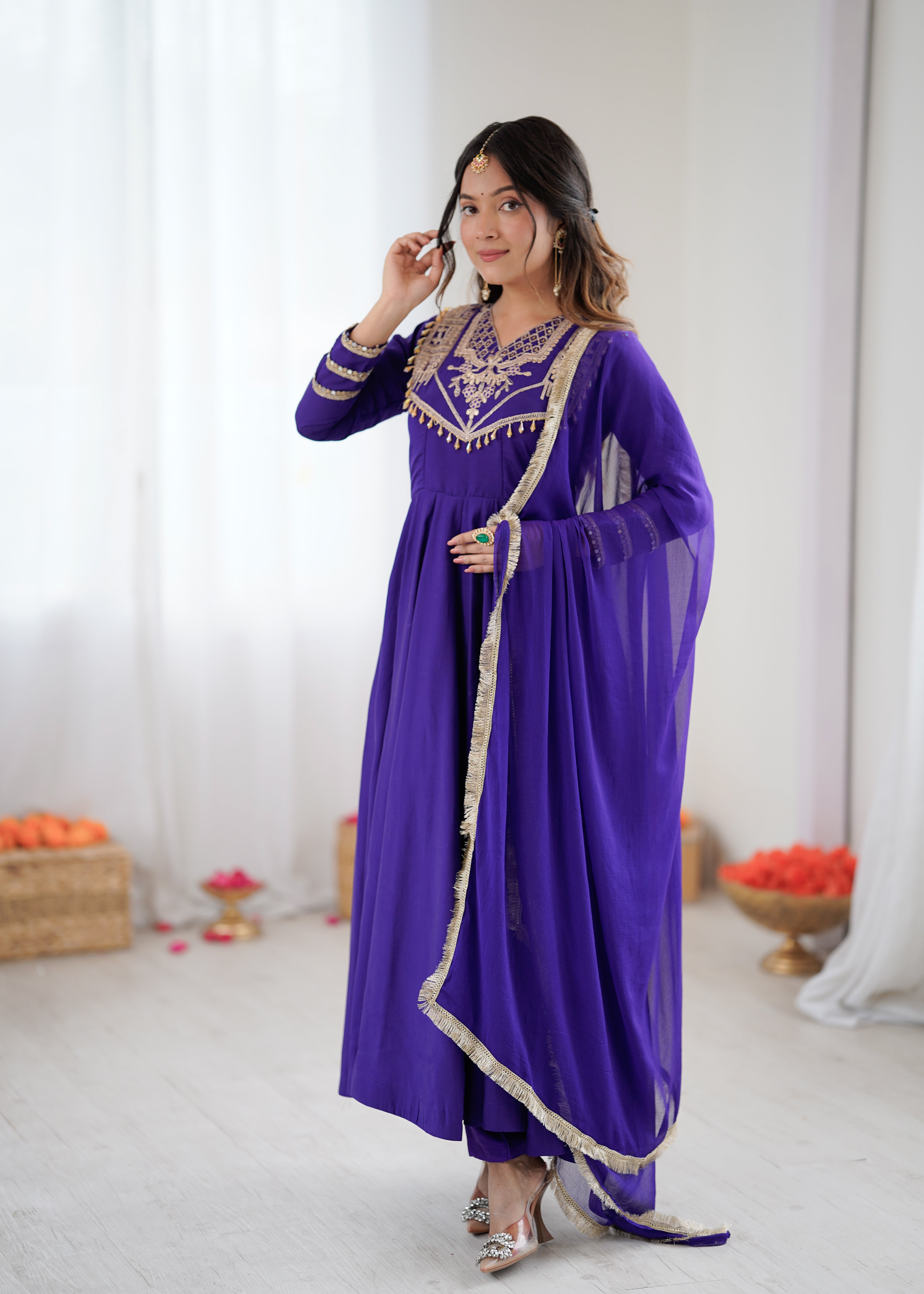 Womenline Royal Sapphire Embroidered Anarkali Suit Set with Elegant Dupatta