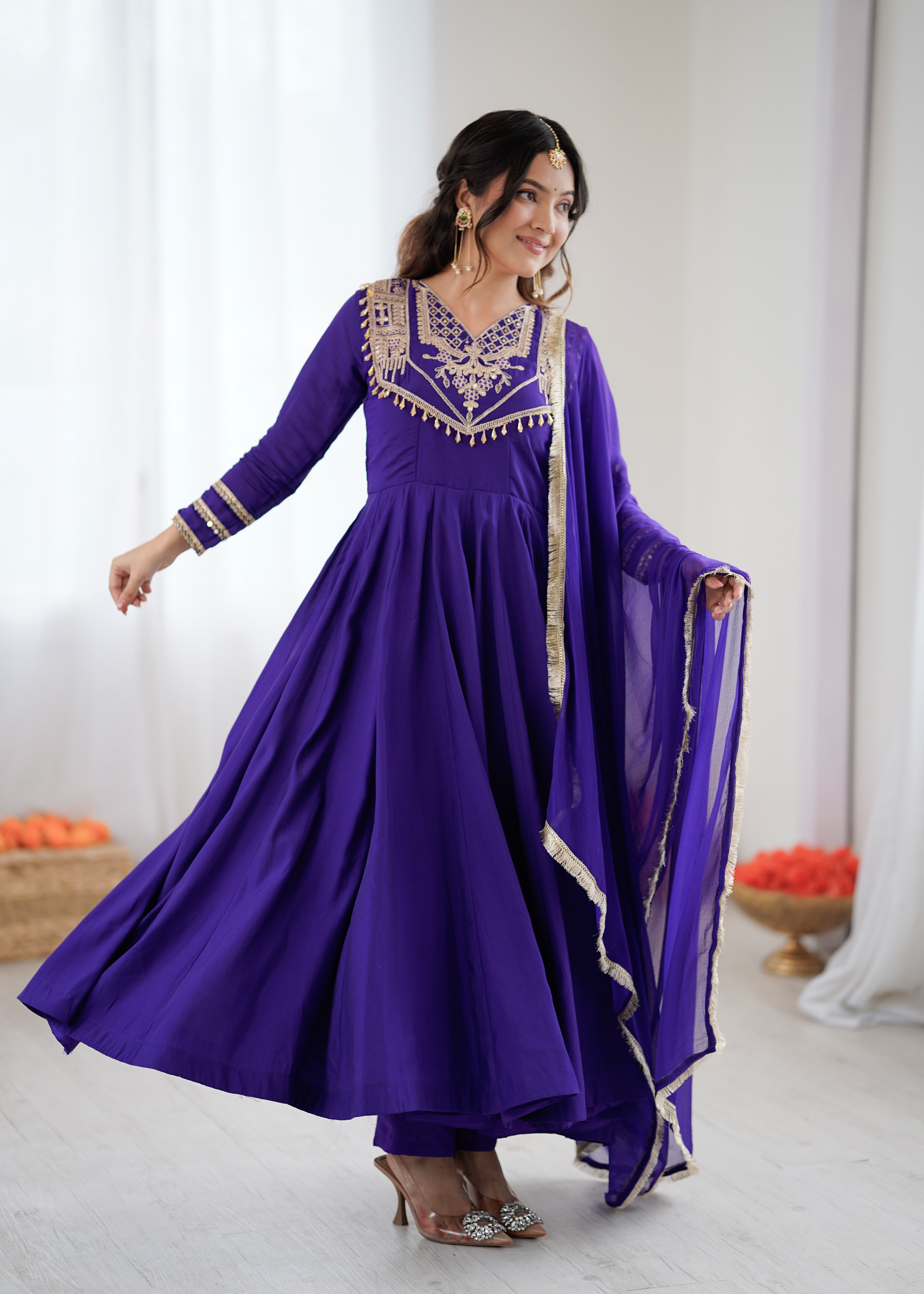 Womenline Royal Sapphire Embroidered Anarkali Suit Set with Elegant Dupatta