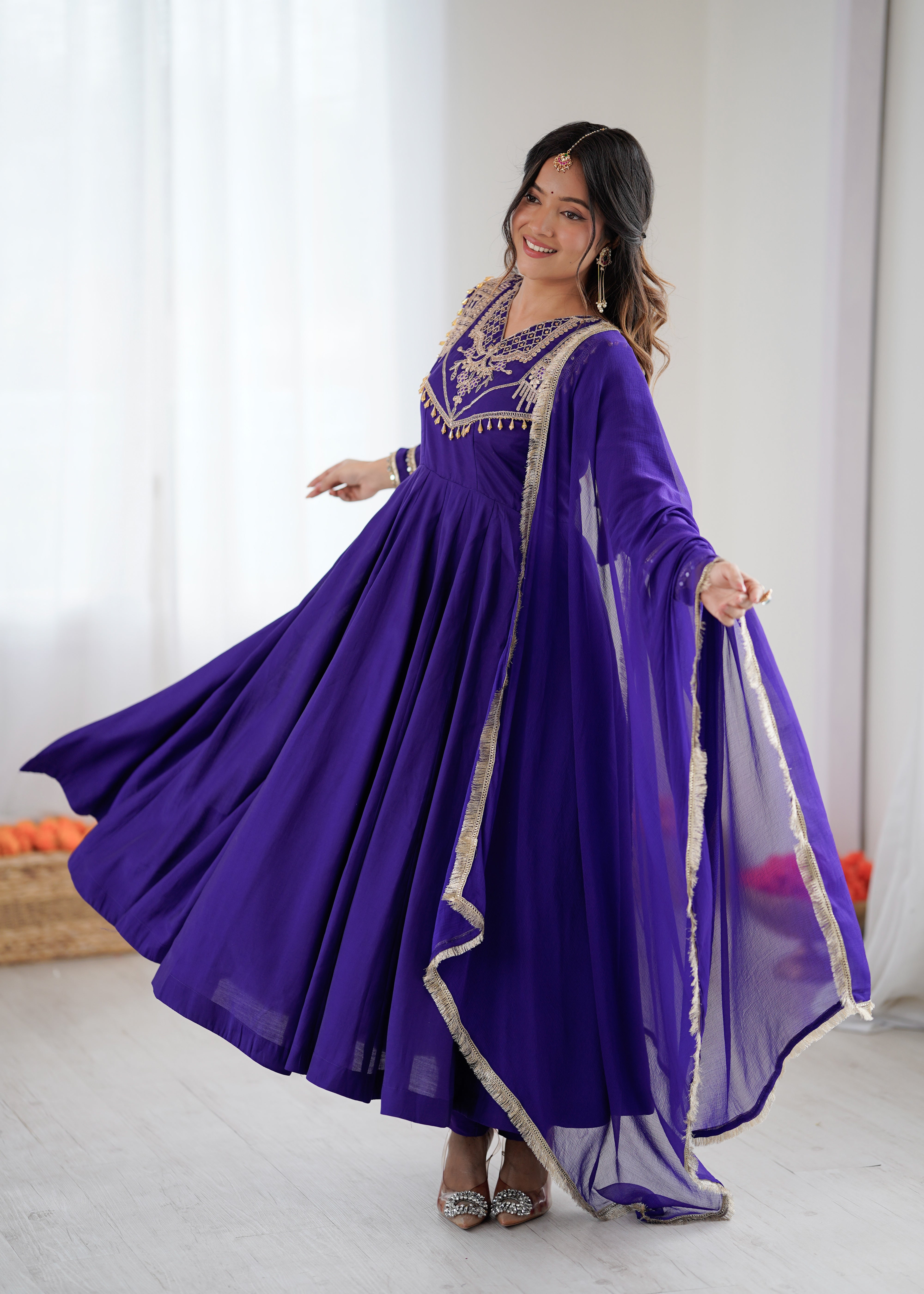 Womenline Royal Sapphire Embroidered Anarkali Suit Set with Elegant Dupatta