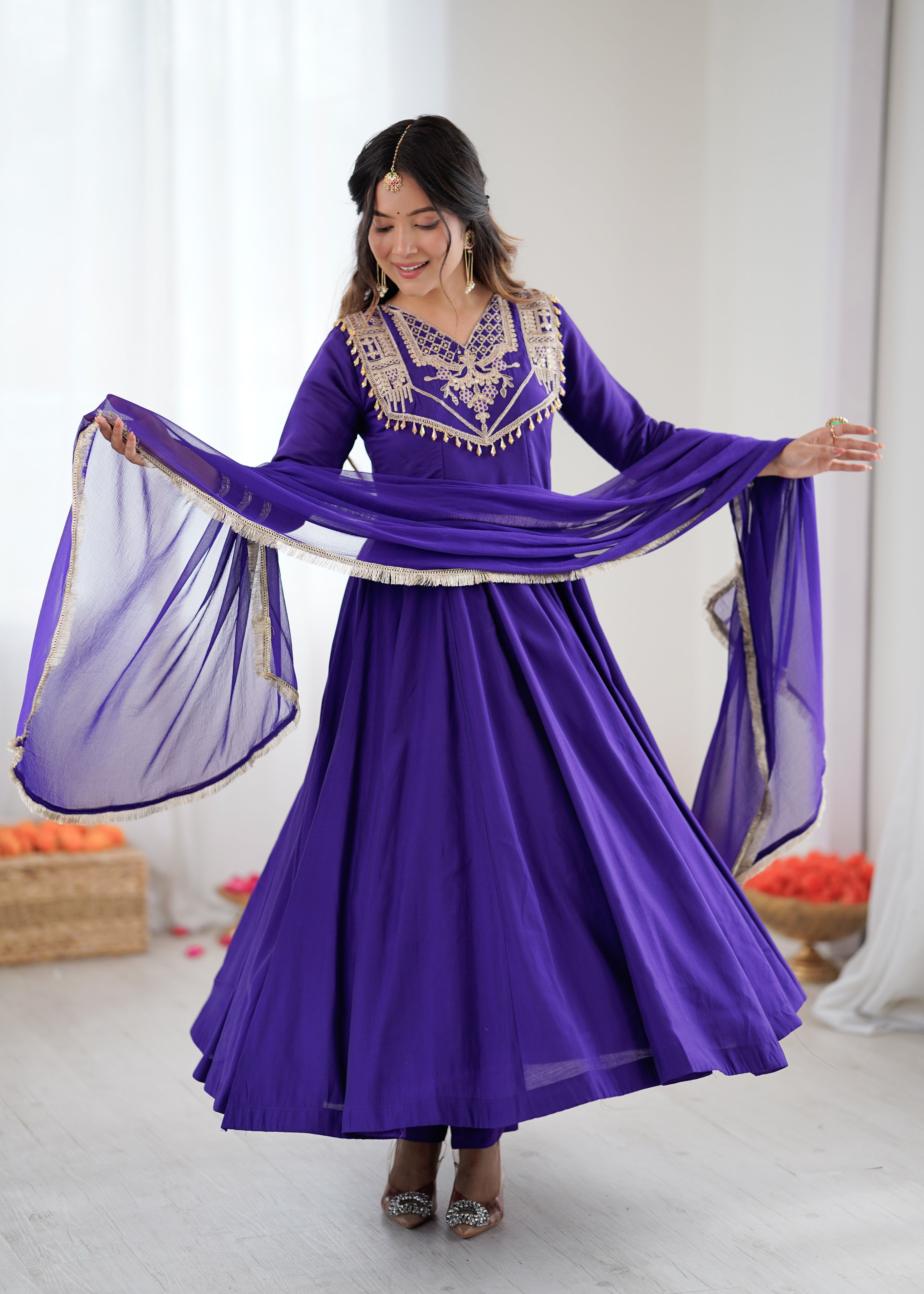 Womenline Royal Sapphire Embroidered Anarkali Suit Set with Elegant Dupatta
