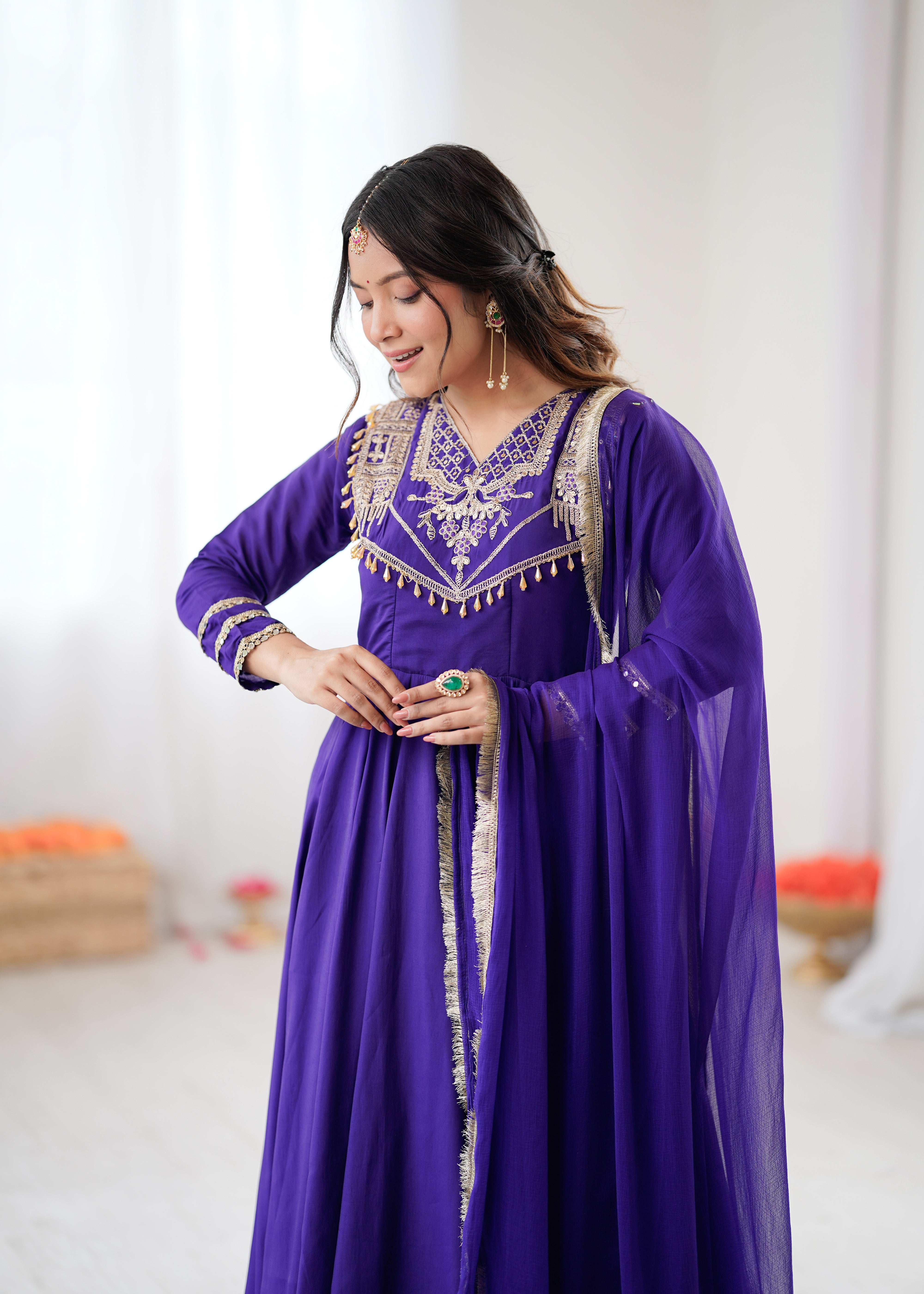 Womenline Royal Sapphire Embroidered Anarkali Suit Set with Elegant Dupatta