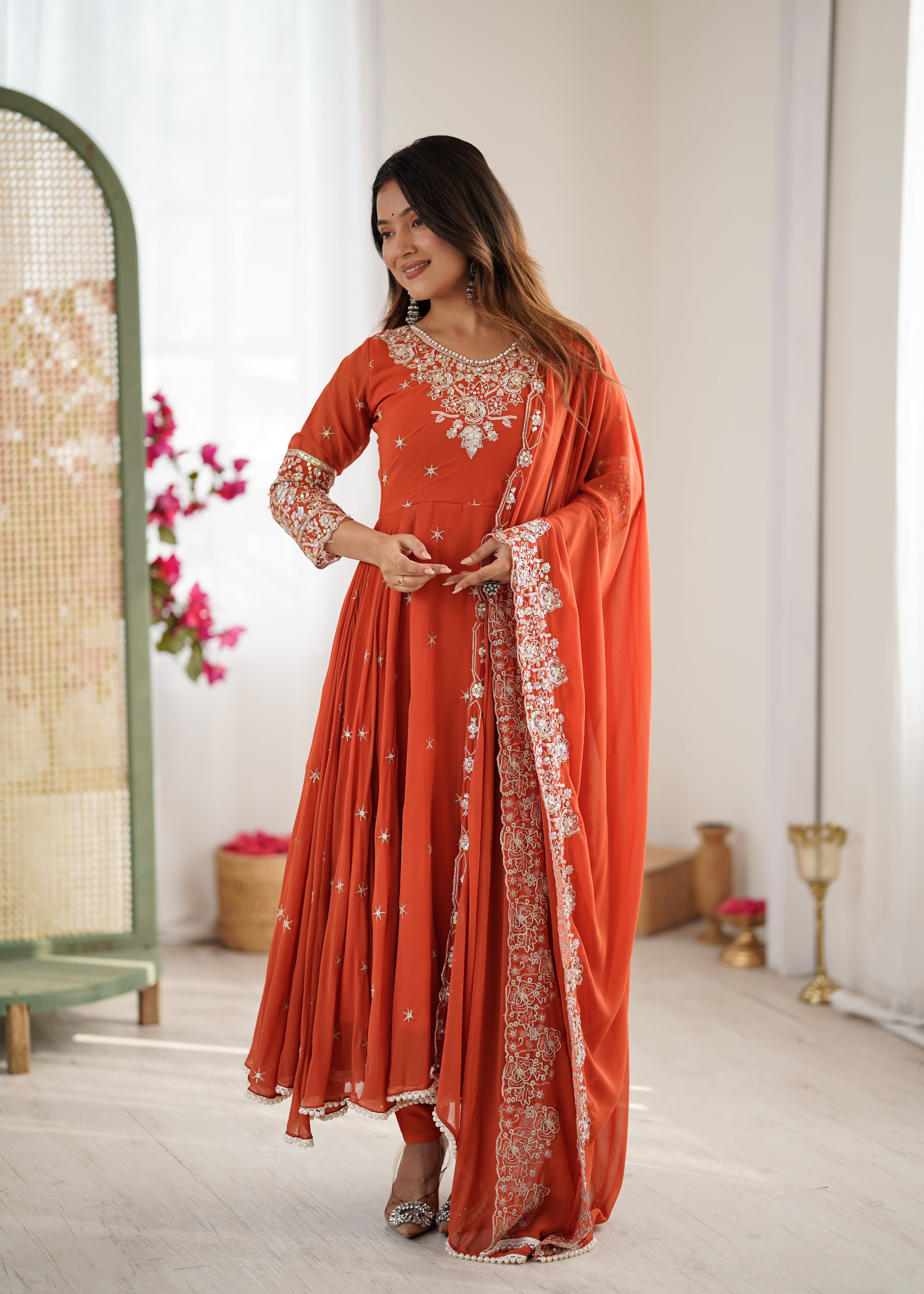 Womenline Rust Orange Embroidered Anarkali Suit Set with Sequined Dupatta
