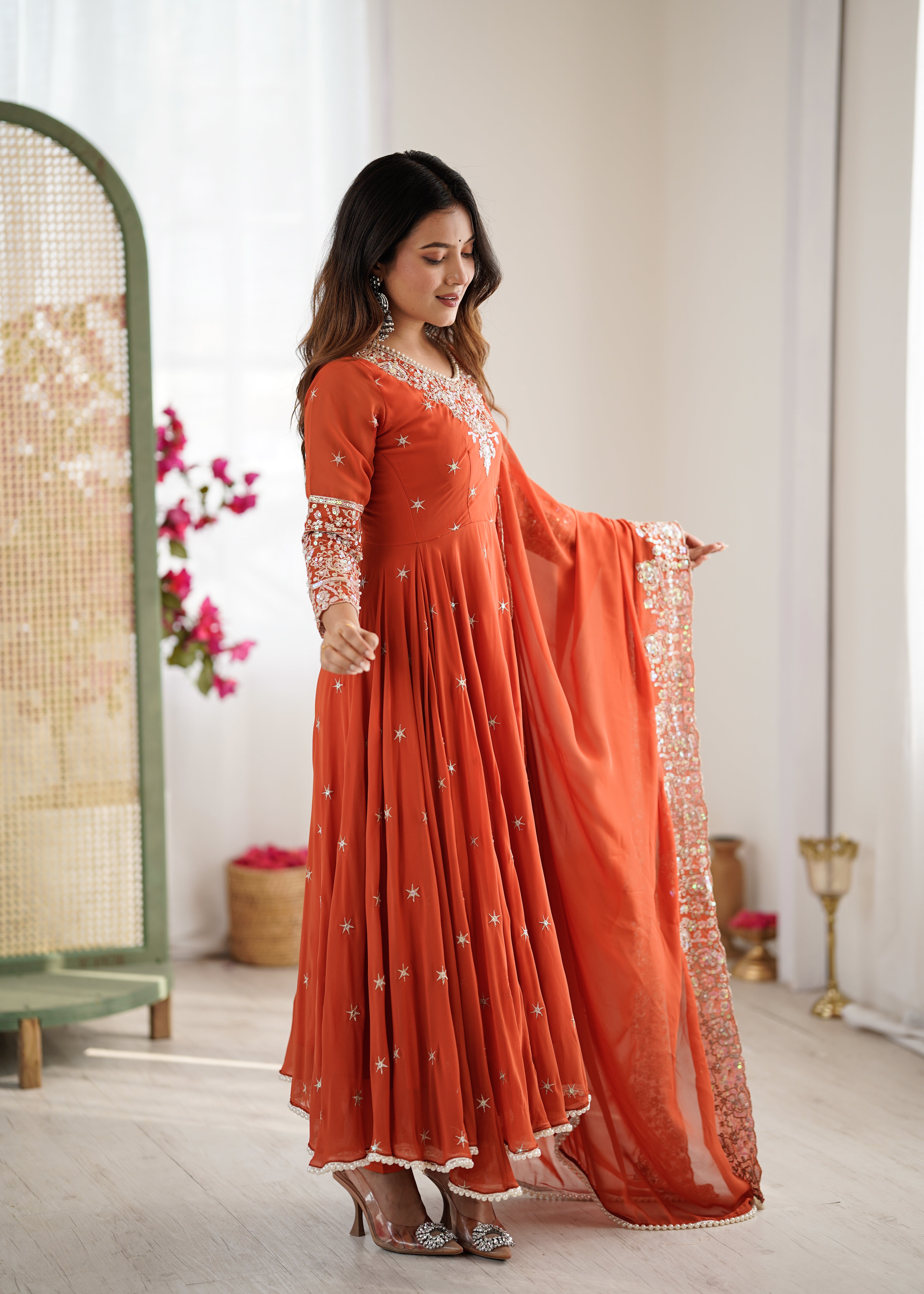 Womenline Rust Orange Embroidered Anarkali Suit Set with Sequined Dupatta