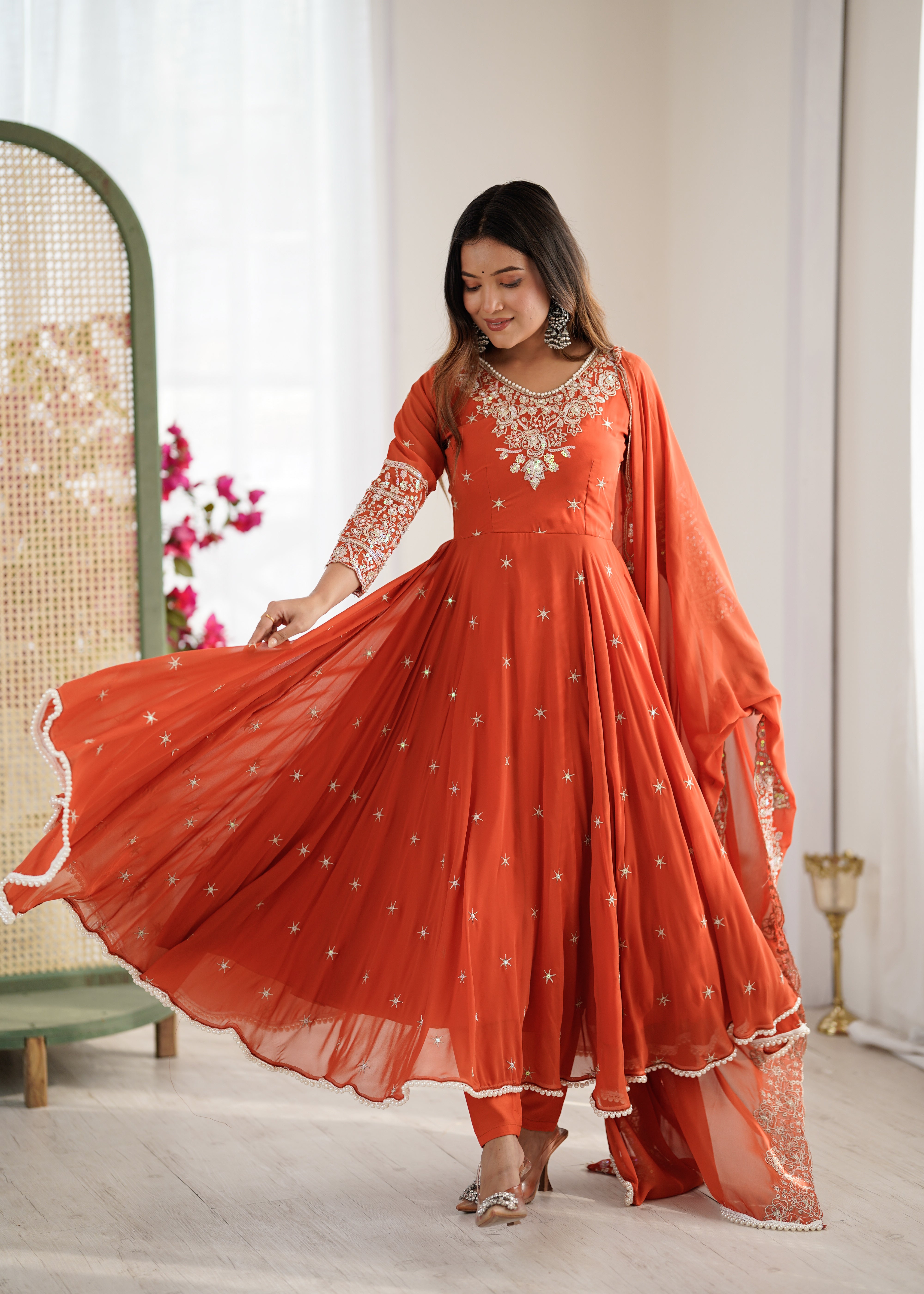 Womenline Rust Orange Embroidered Anarkali Suit Set with Sequined Dupatta