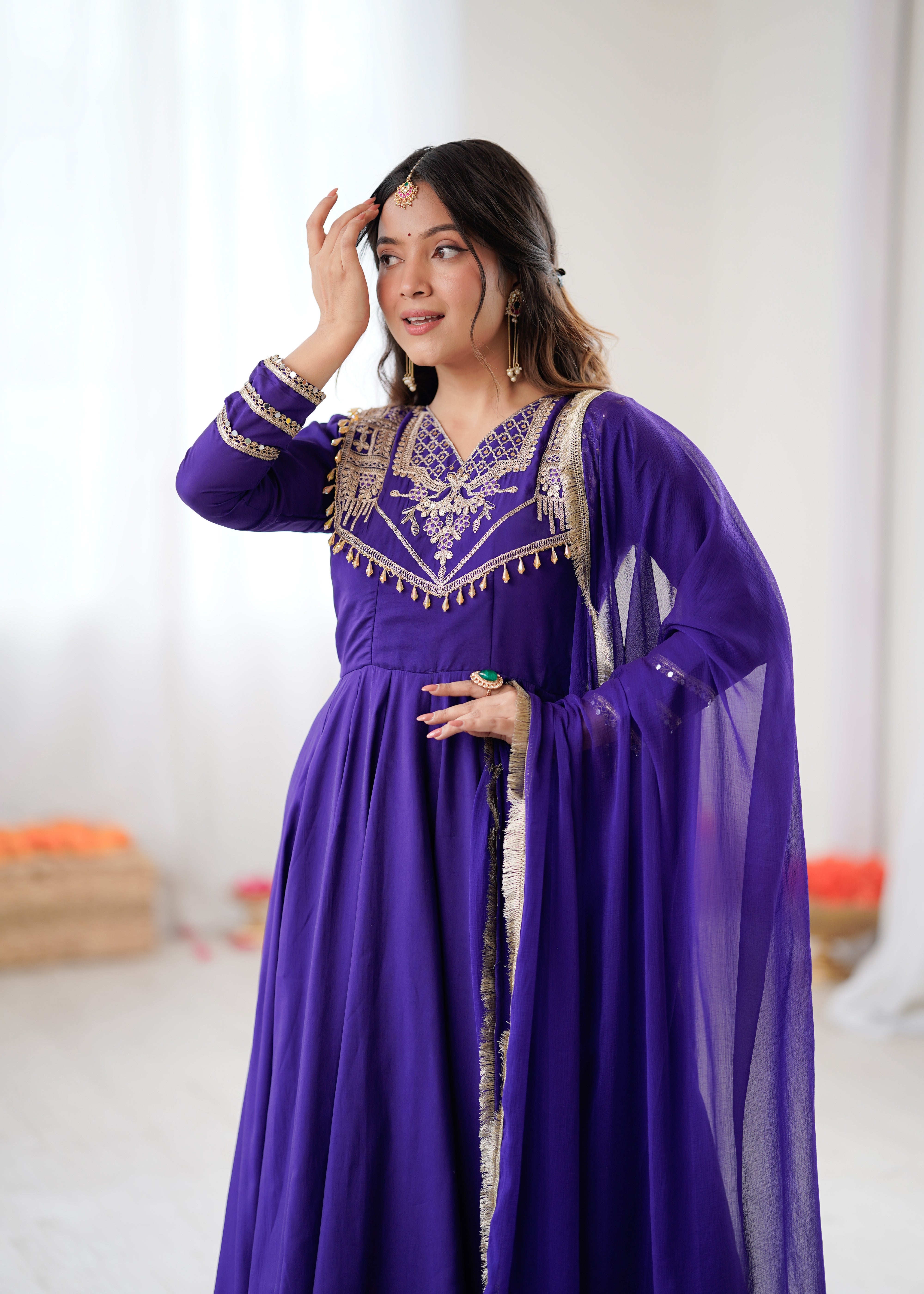 Womenline Royal Sapphire Embroidered Anarkali Suit Set with Elegant Dupatta