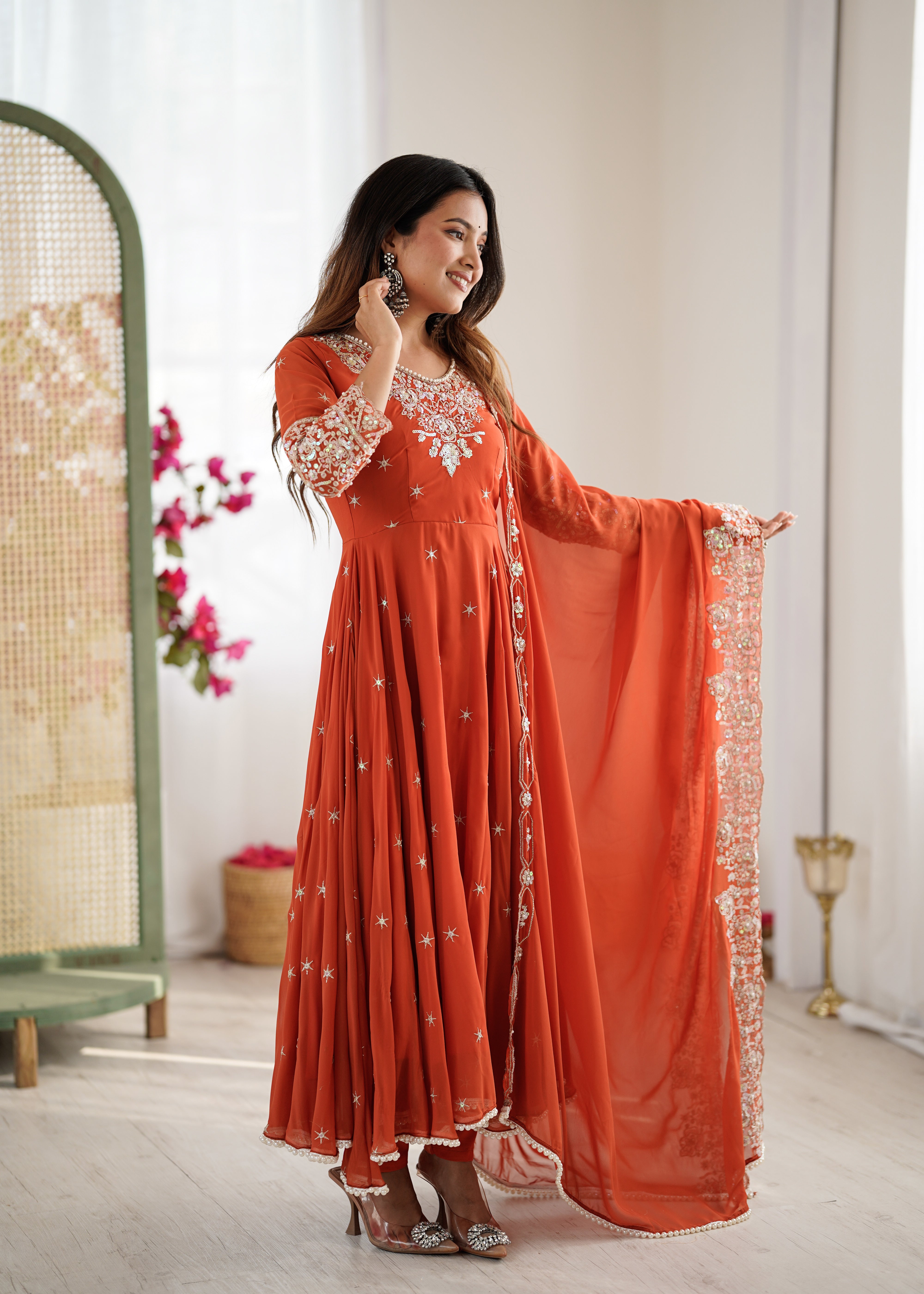 Womenline Rust Orange Embroidered Anarkali Suit Set with Sequined Dupatta