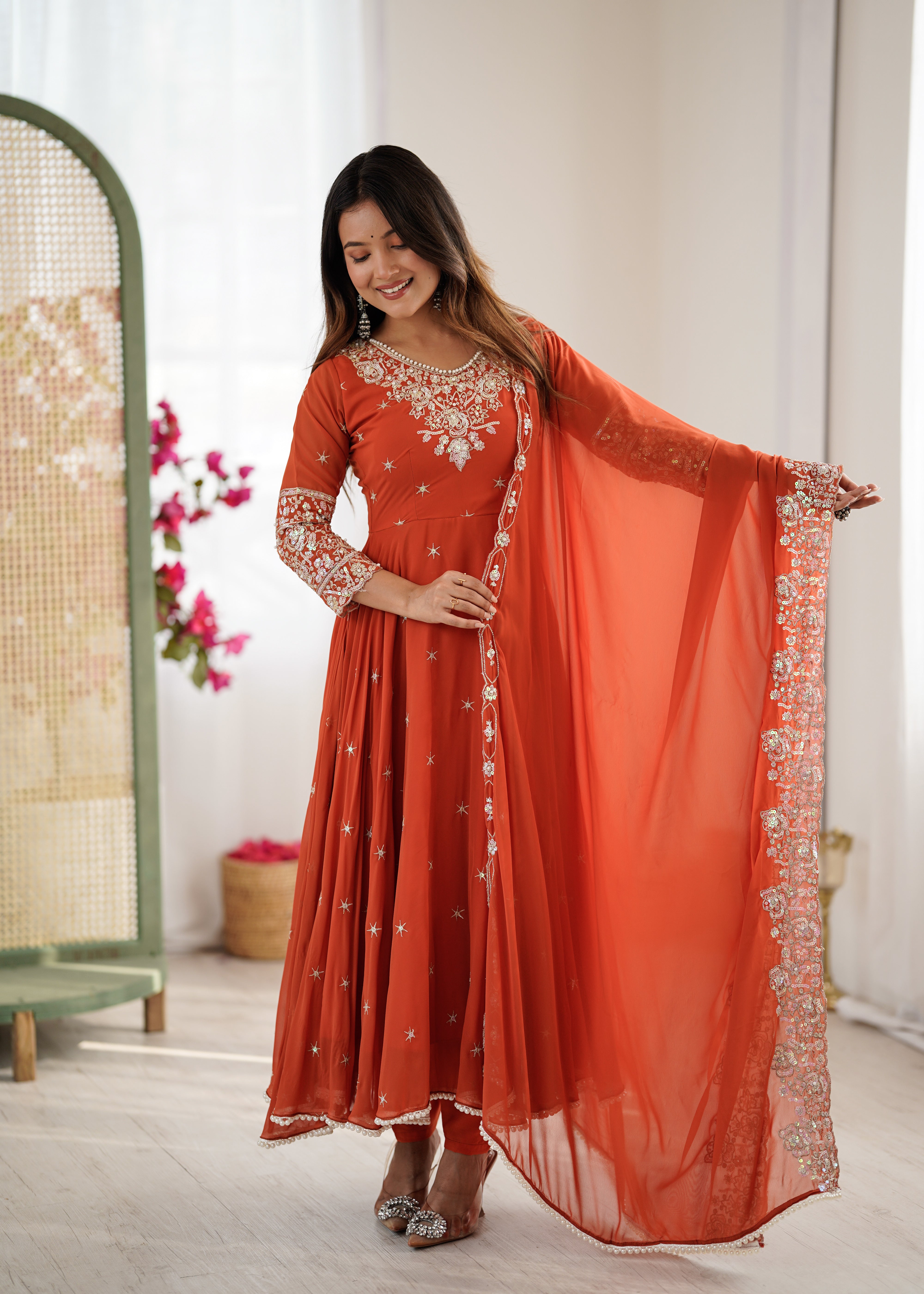 Womenline Rust Orange Embroidered Anarkali Suit Set with Sequined Dupatta