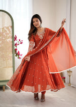 Womenline Rust Orange Embroidered Anarkali Suit Set with Sequined Dupatta