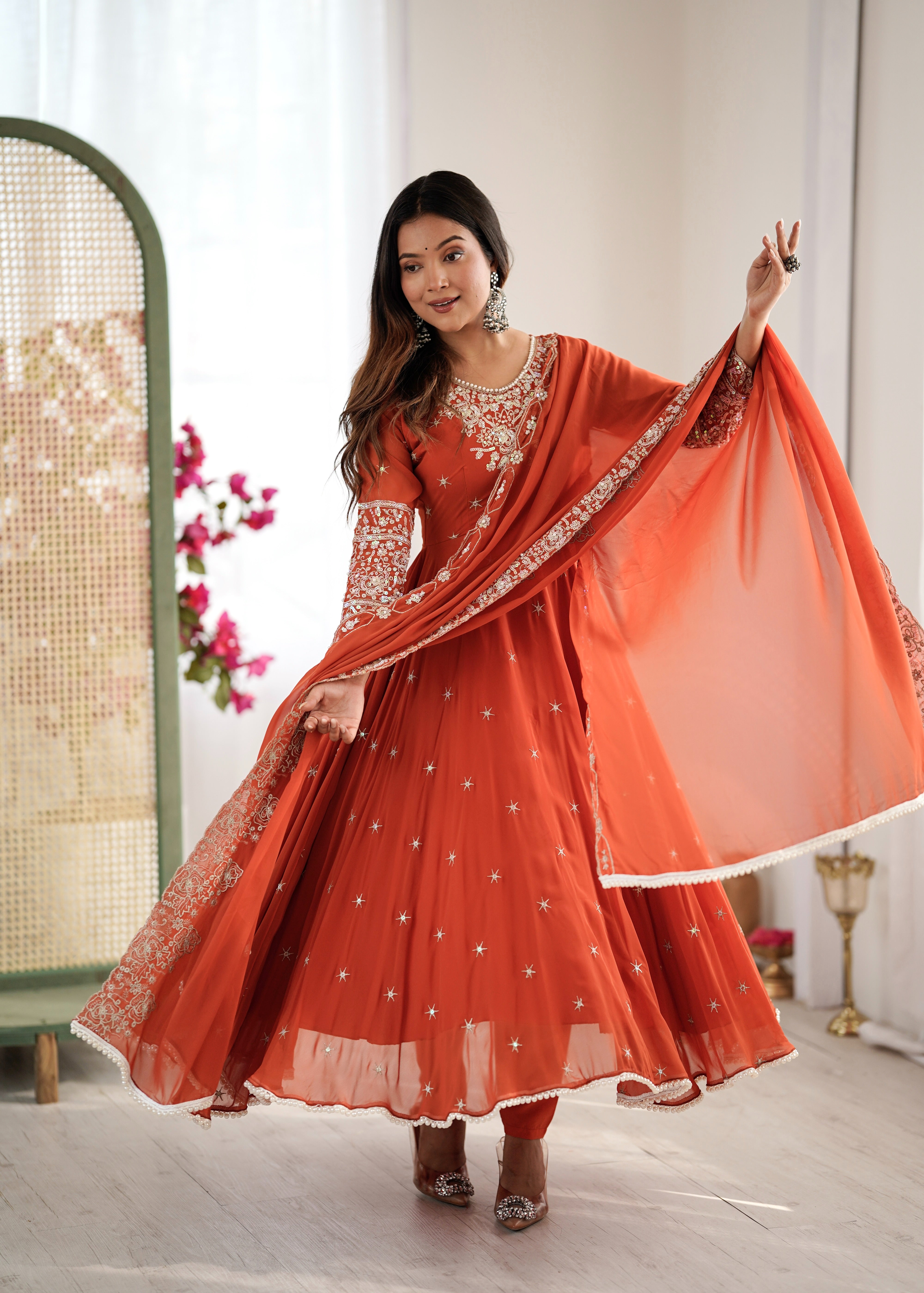 Womenline Rust Orange Embroidered Anarkali Suit Set with Sequined Dupatta