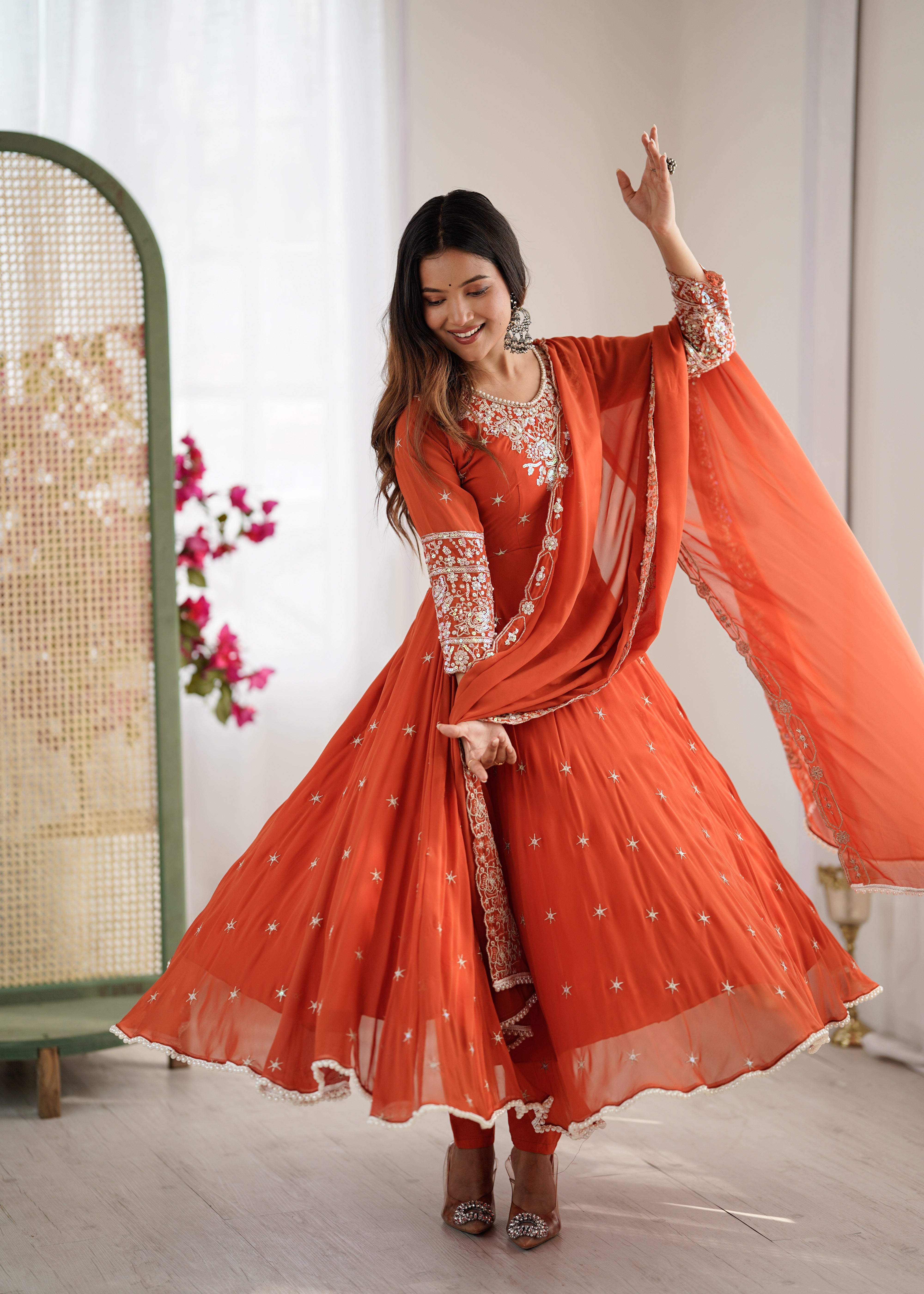 Womenline Rust Orange Embroidered Anarkali Suit Set with Sequined Dupatta