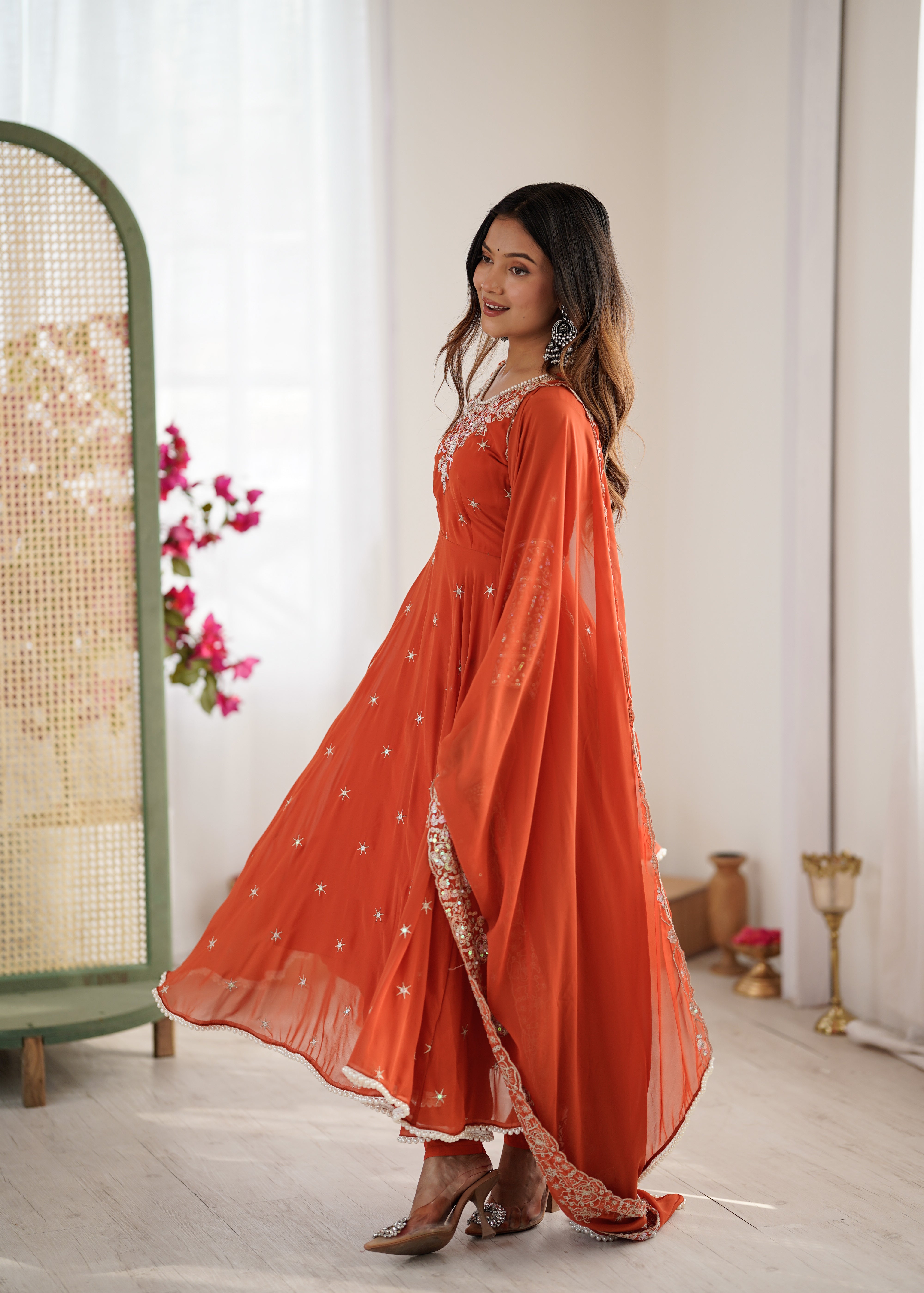 Womenline Rust Orange Embroidered Anarkali Suit Set with Sequined Dupatta