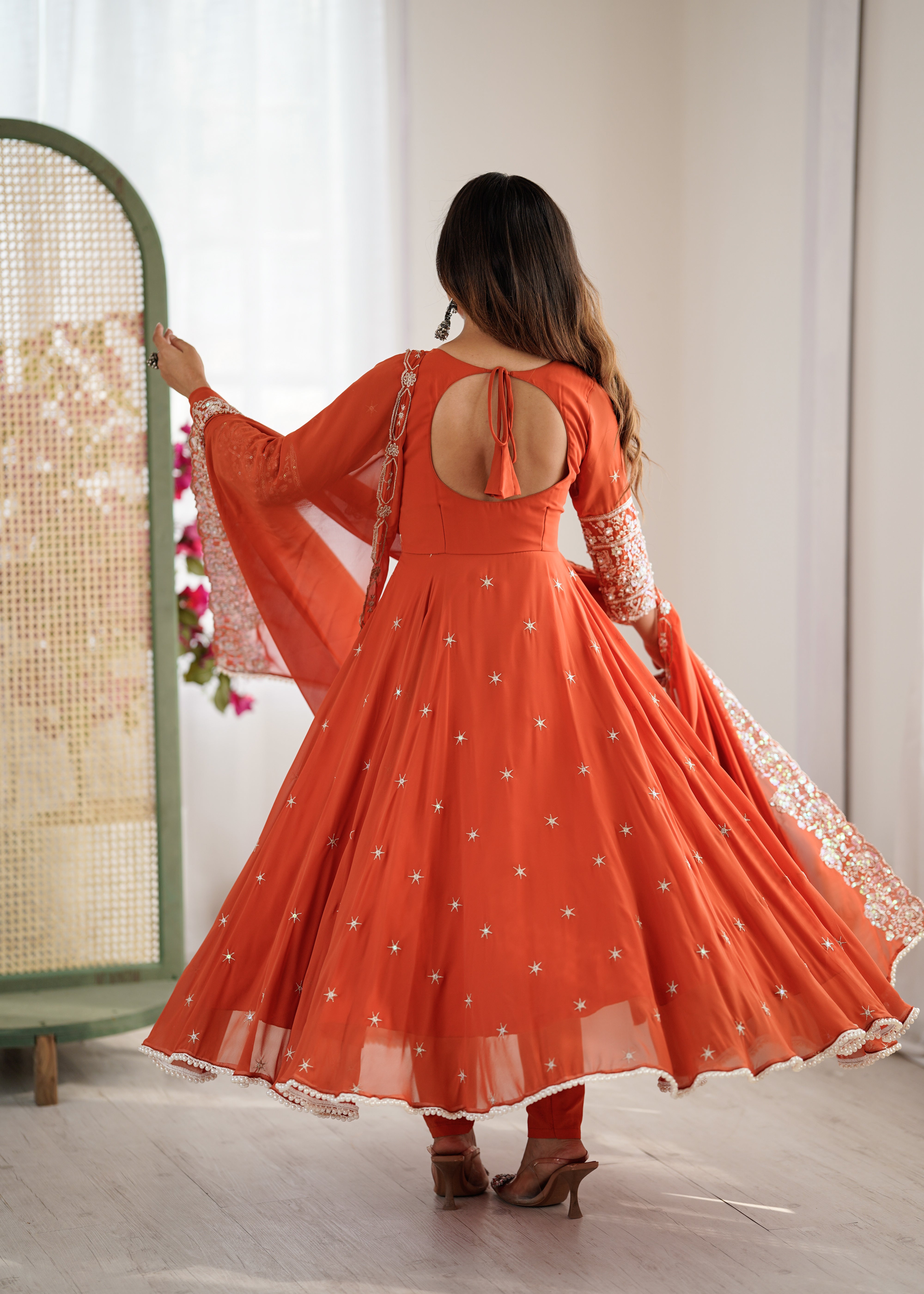 Womenline Rust Orange Embroidered Anarkali Suit Set with Sequined Dupatta