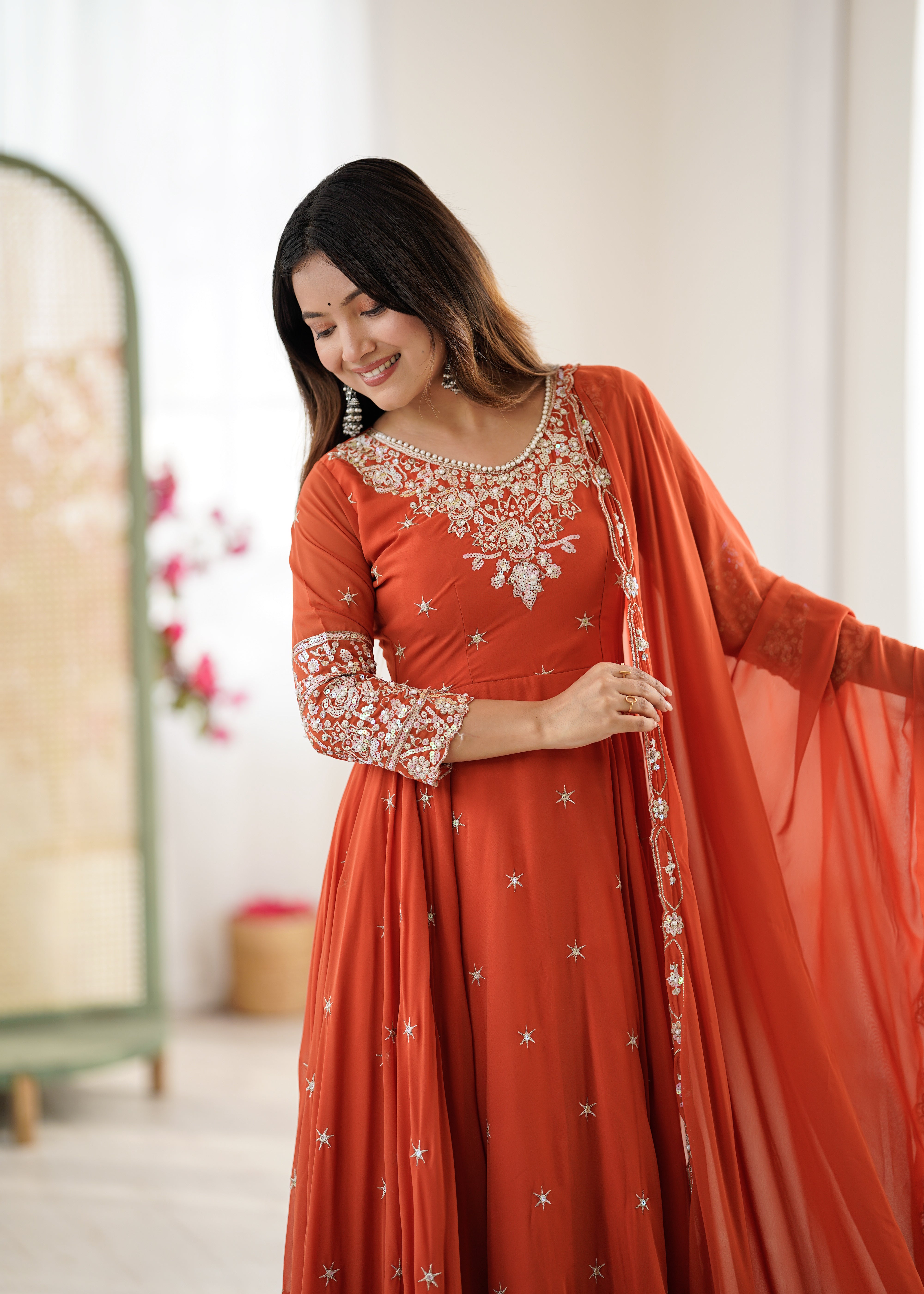 Womenline Rust Orange Embroidered Anarkali Suit Set with Sequined Dupatta
