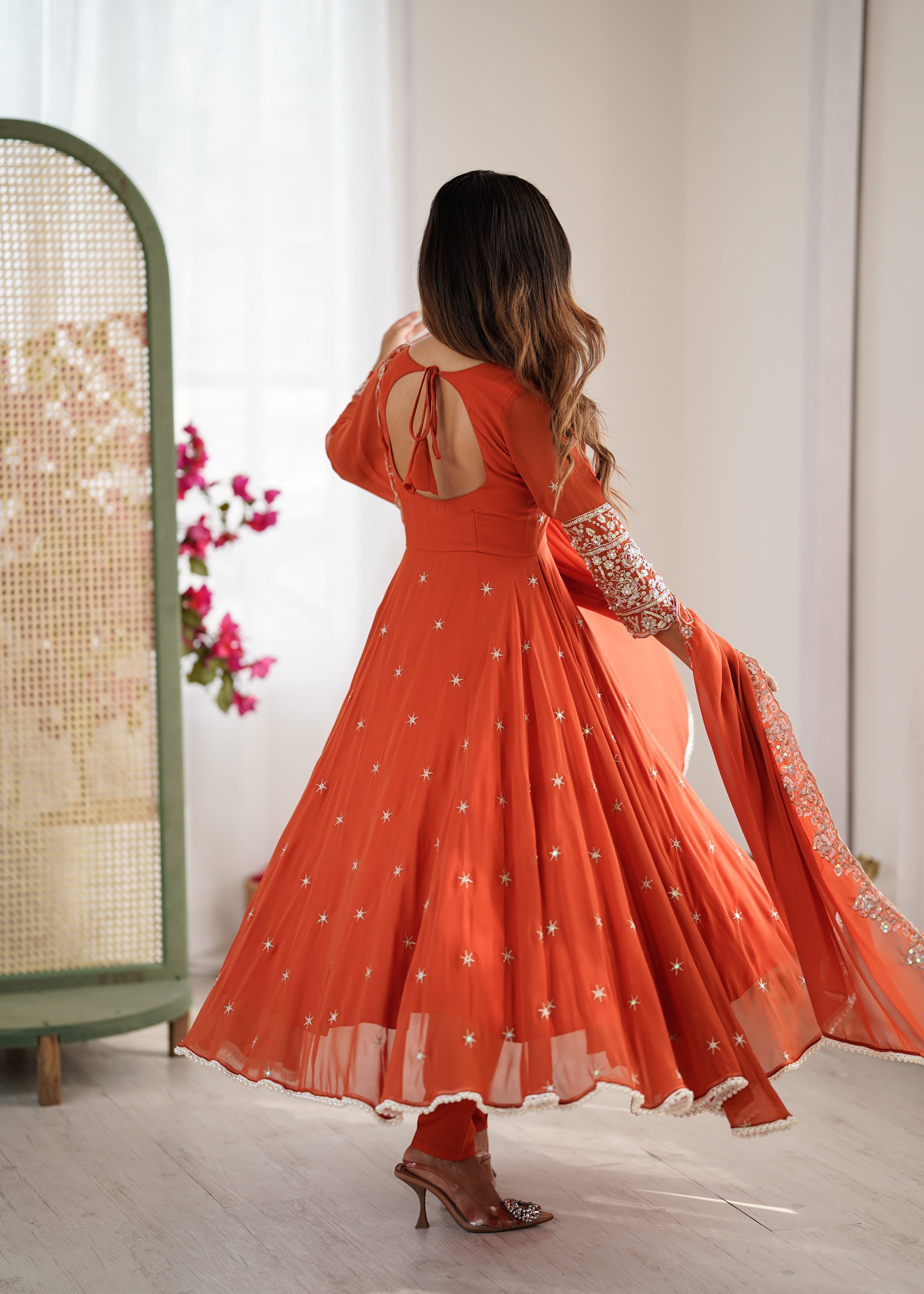 Womenline Rust Orange Embroidered Anarkali Suit Set with Sequined Dupatta