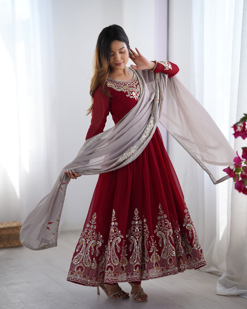 Womenline Red Color Embroidery Anarkali Suit